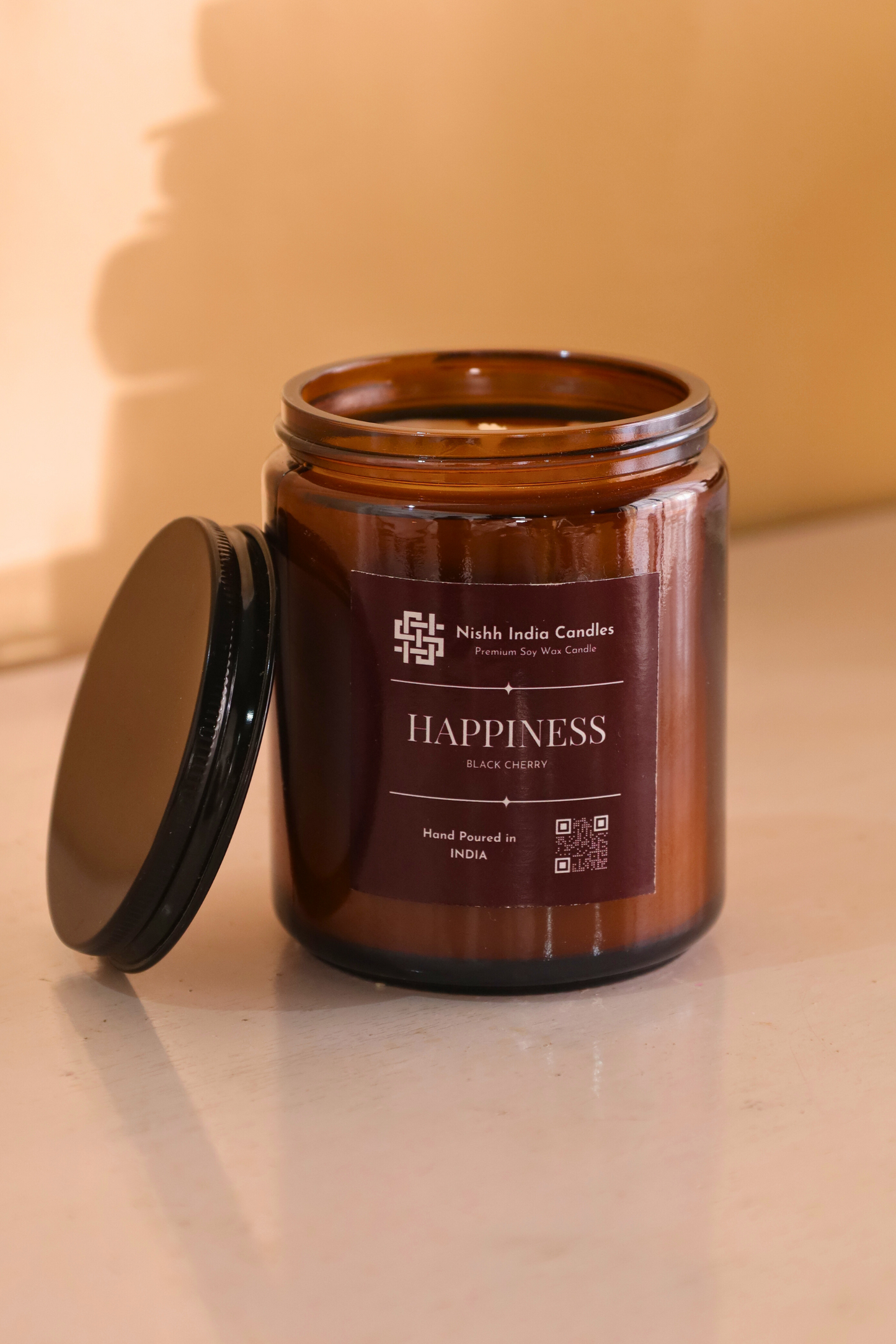 HAPPINESS | Amber Jar Handcrafted Candle in BLACK CHERRY Fragnance