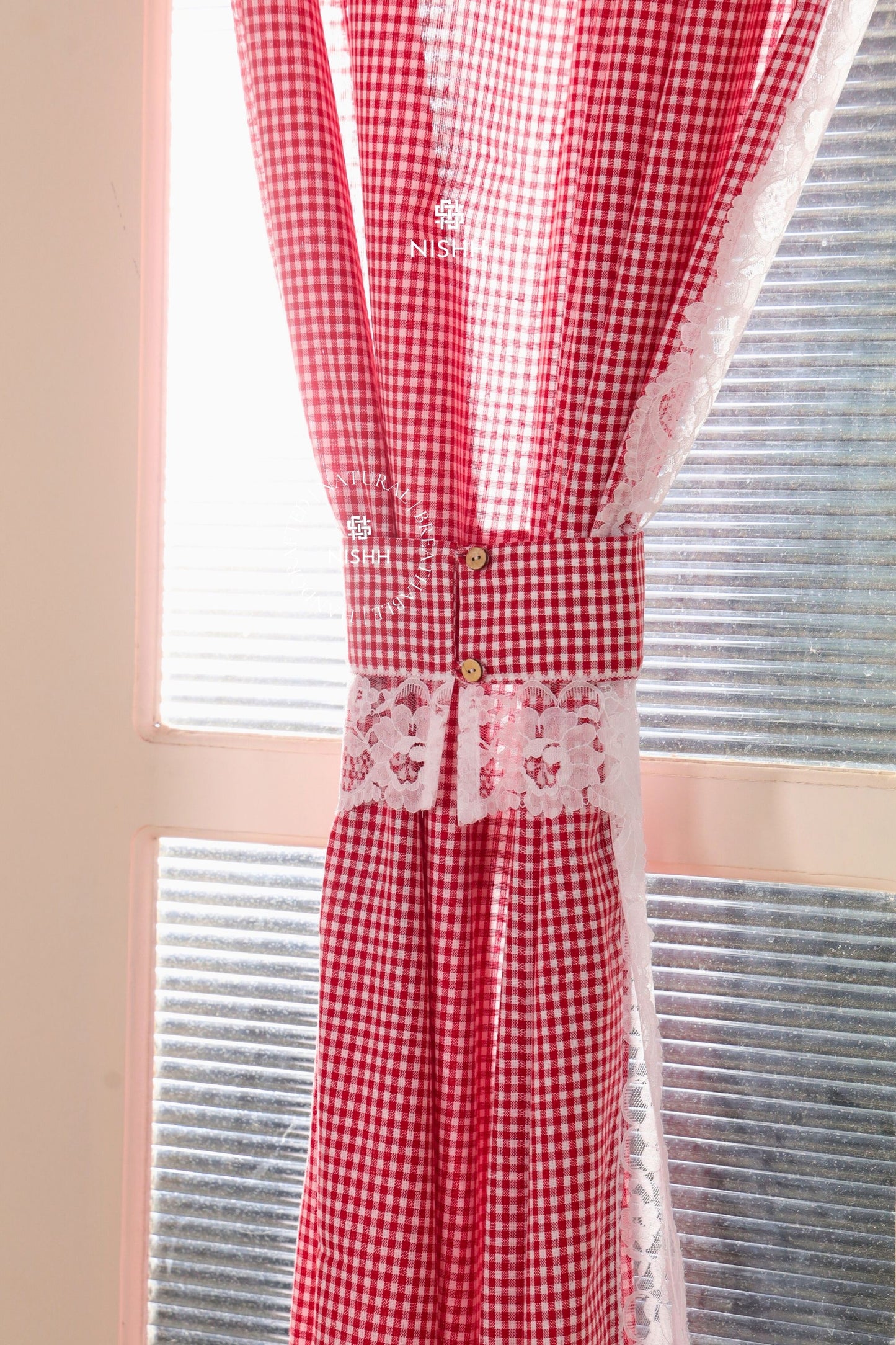 SCARLET | Gingham Cotton Curtain with Lace Border - Rod Pocket Window Curtain | Single Panel