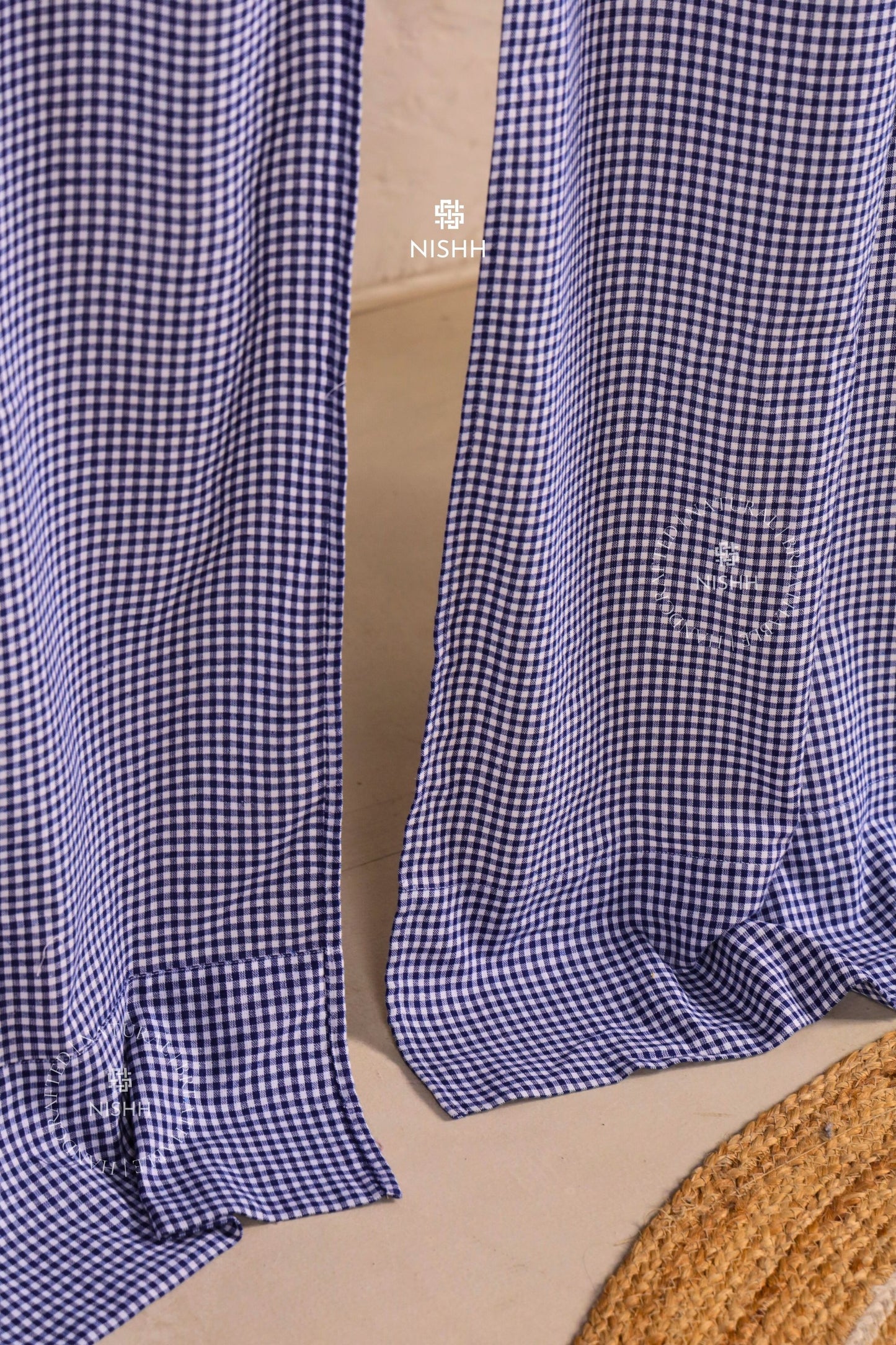 Customisable blue gingham cotton curtains with tie-top header by NISHH