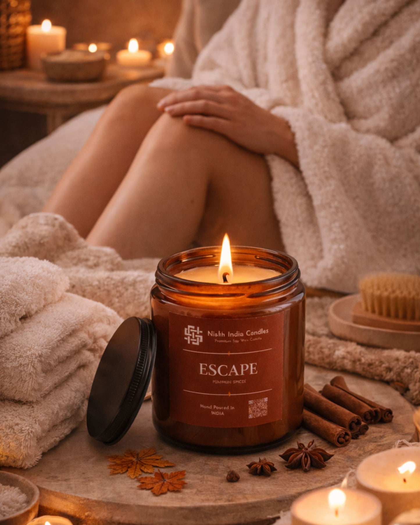 Nishh India Pumpkin Spice soy wax candle glowing in amber glass jar surrounded by spa essentials and soft neutral tones for a calming atmosphere.