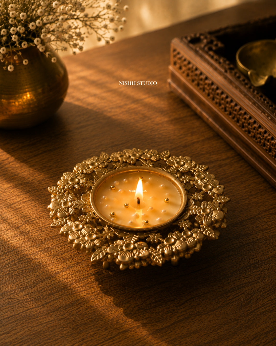 Pushpanjali Urli Candle | Handcrafted Floral Diya Candle with Gold & Pearl Detailing
