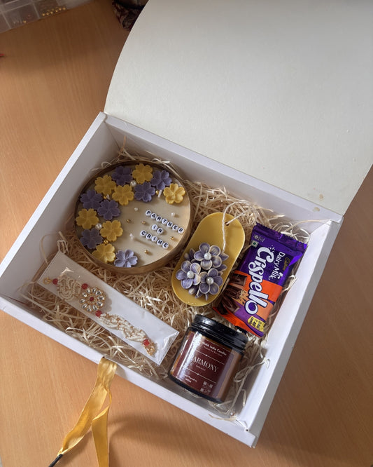 Luxury Rakhi Gift Hamper for Brother & Sister | Handmade Scented Candle Gift Box with Chocolate, Wax Sachet & Designer Rakhi