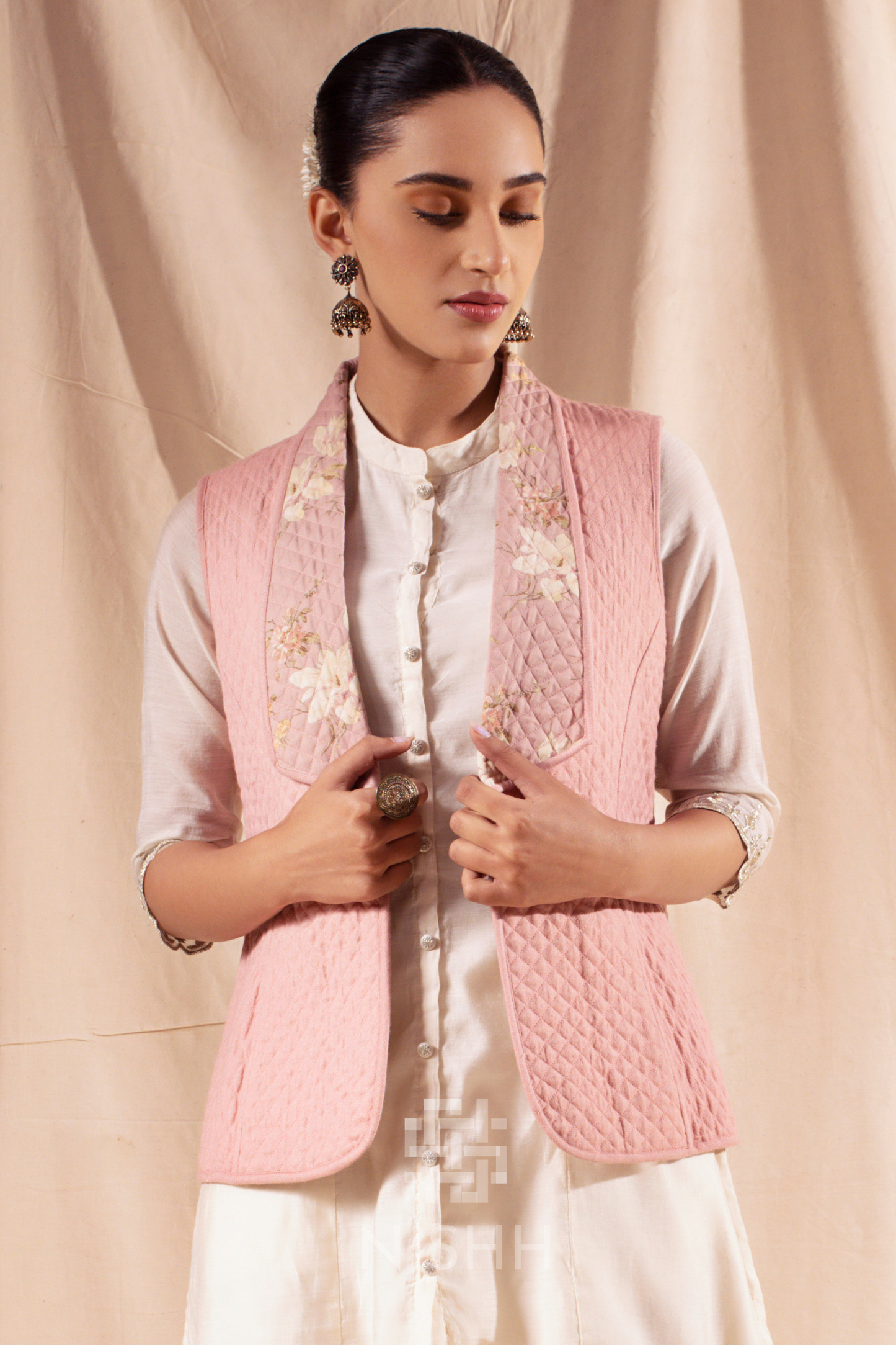 Baby pink reversible quilted jacket for women – pure silk front view