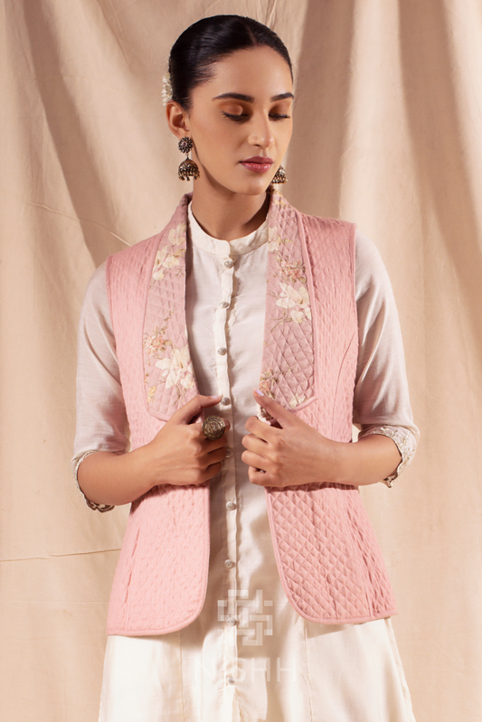 Baby pink reversible quilted jacket for women – pure silk front view