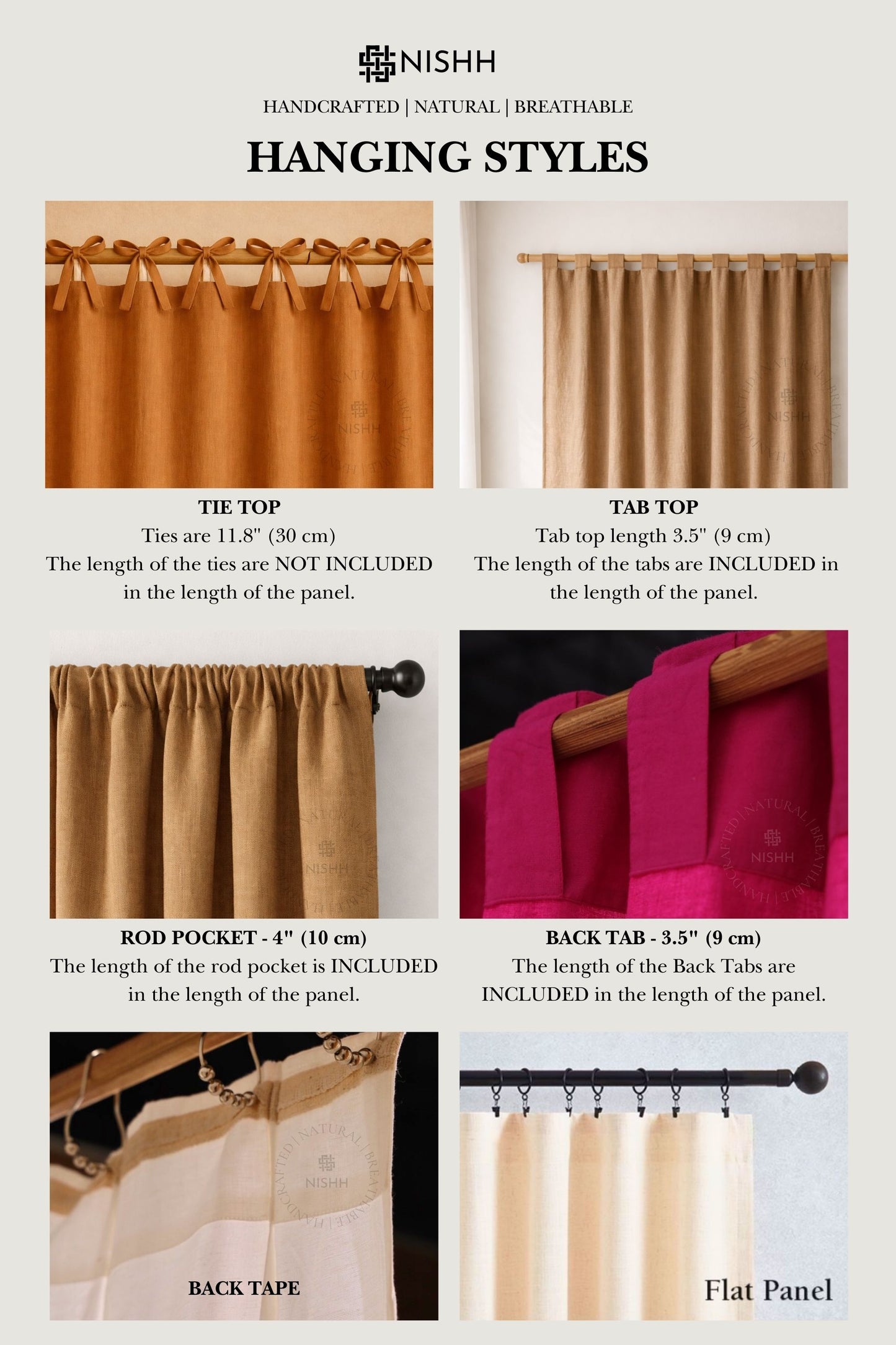 Illustration of different hanging styles for curtains with text on NISHH brand.