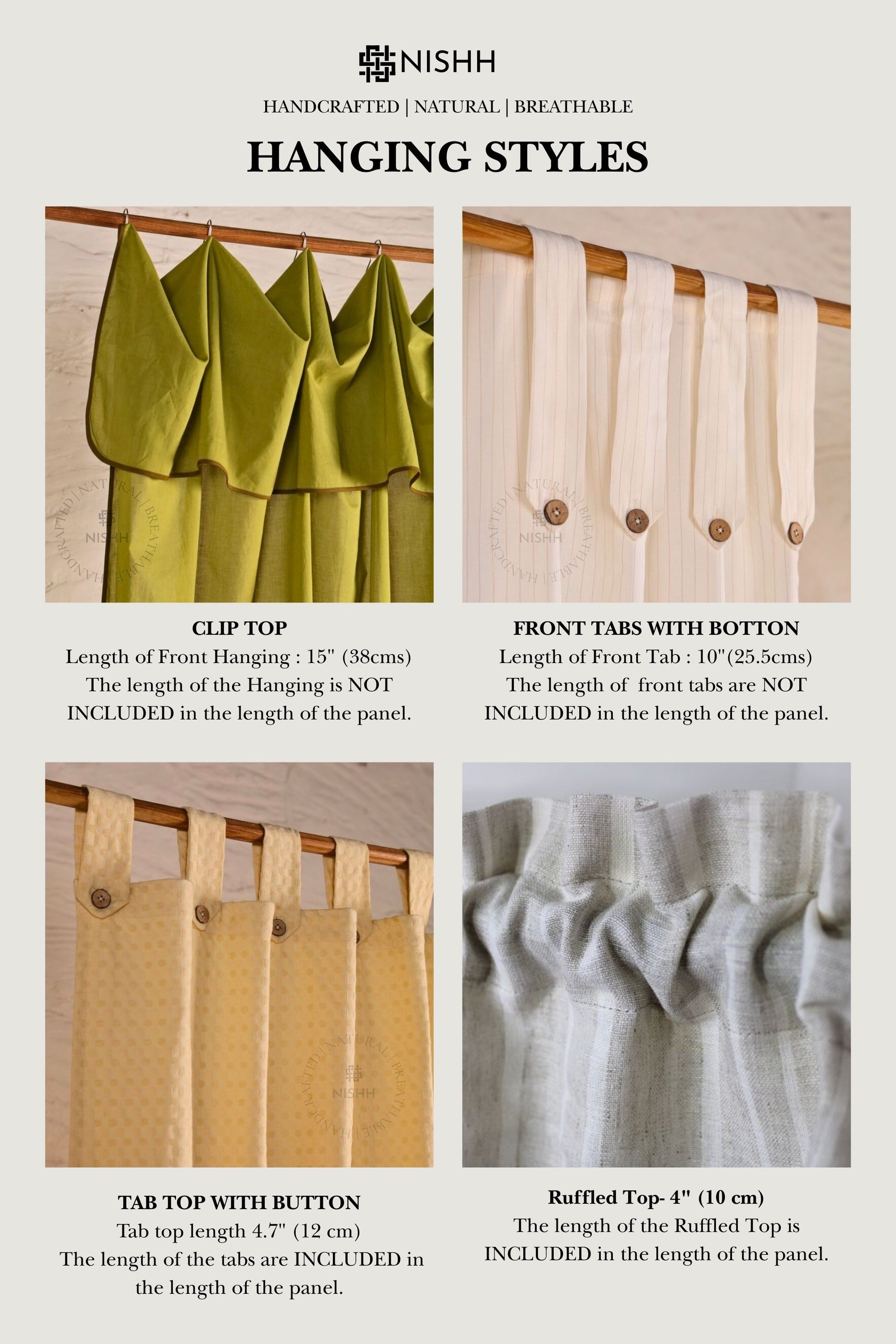 Infographic detailing hanging styles of fabric panels with measurements and descriptions.