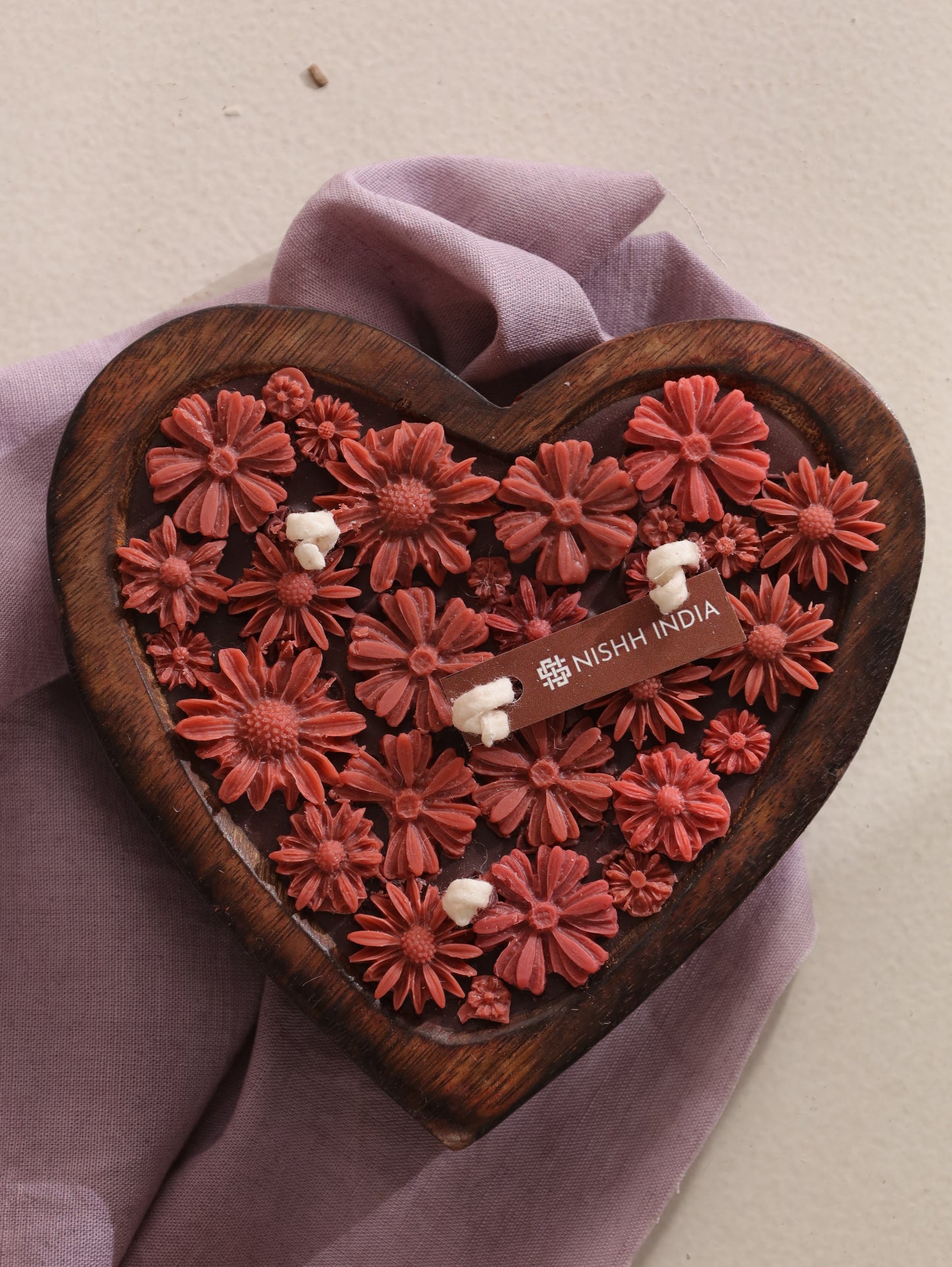 AMBER | Wooden heart bowl candle with wax flowers