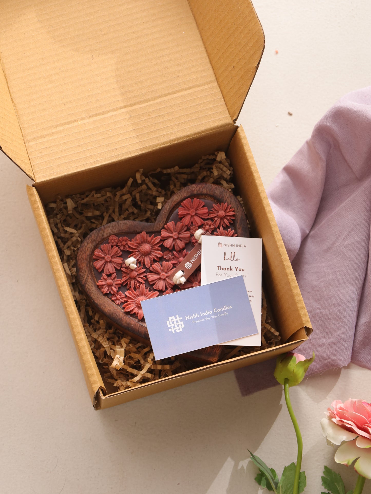 AMBER | Wooden heart bowl candle with wax flowers