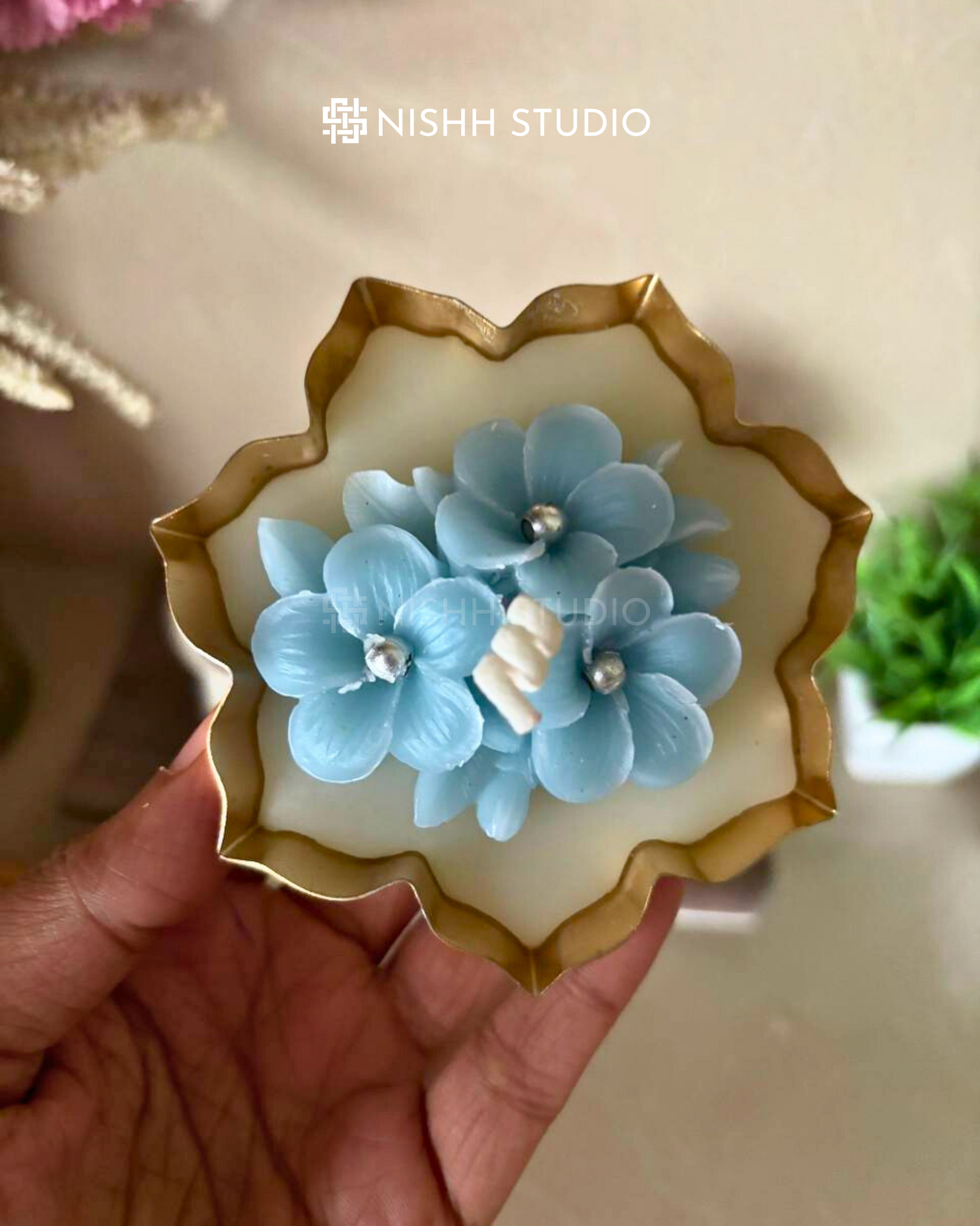 Hand-poured soy wax metal candle in reusable gold jar by Nishh Studio