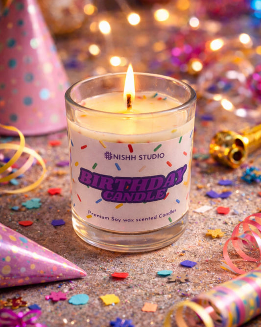 Premium birthday soy wax candle by Nishh Studio with colourful sprinkles, lit flame and festive party decor background.
