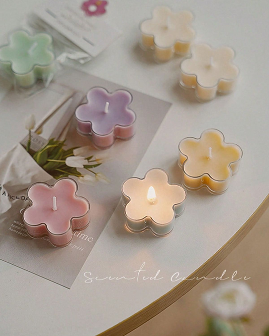Set of 4 Blossom floral handcrafted scented soy wax tea-light candles in flower shape, perfect for meditation, relaxation, and home decor.