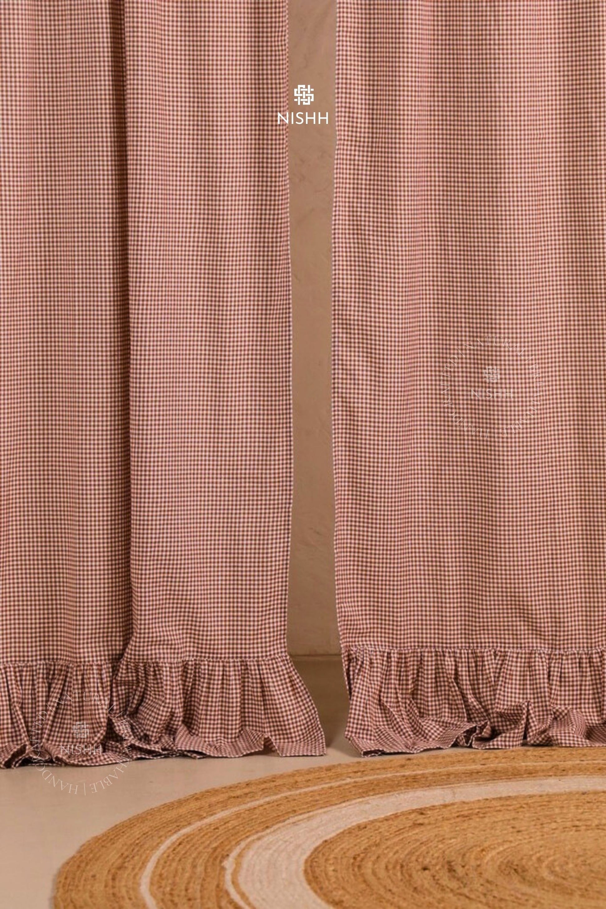 Handcrafted brown gingham cotton curtains made in India