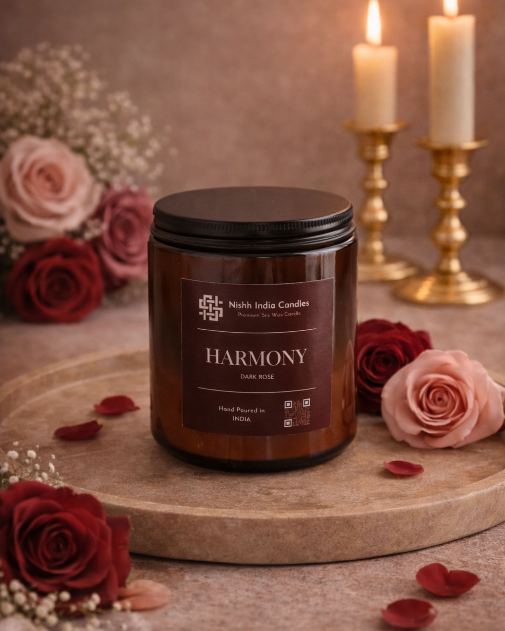 Dark rose scented soy candle in amber glass jar by Nishh India, luxury handmade home fragrance for elegant and relaxing interiors.