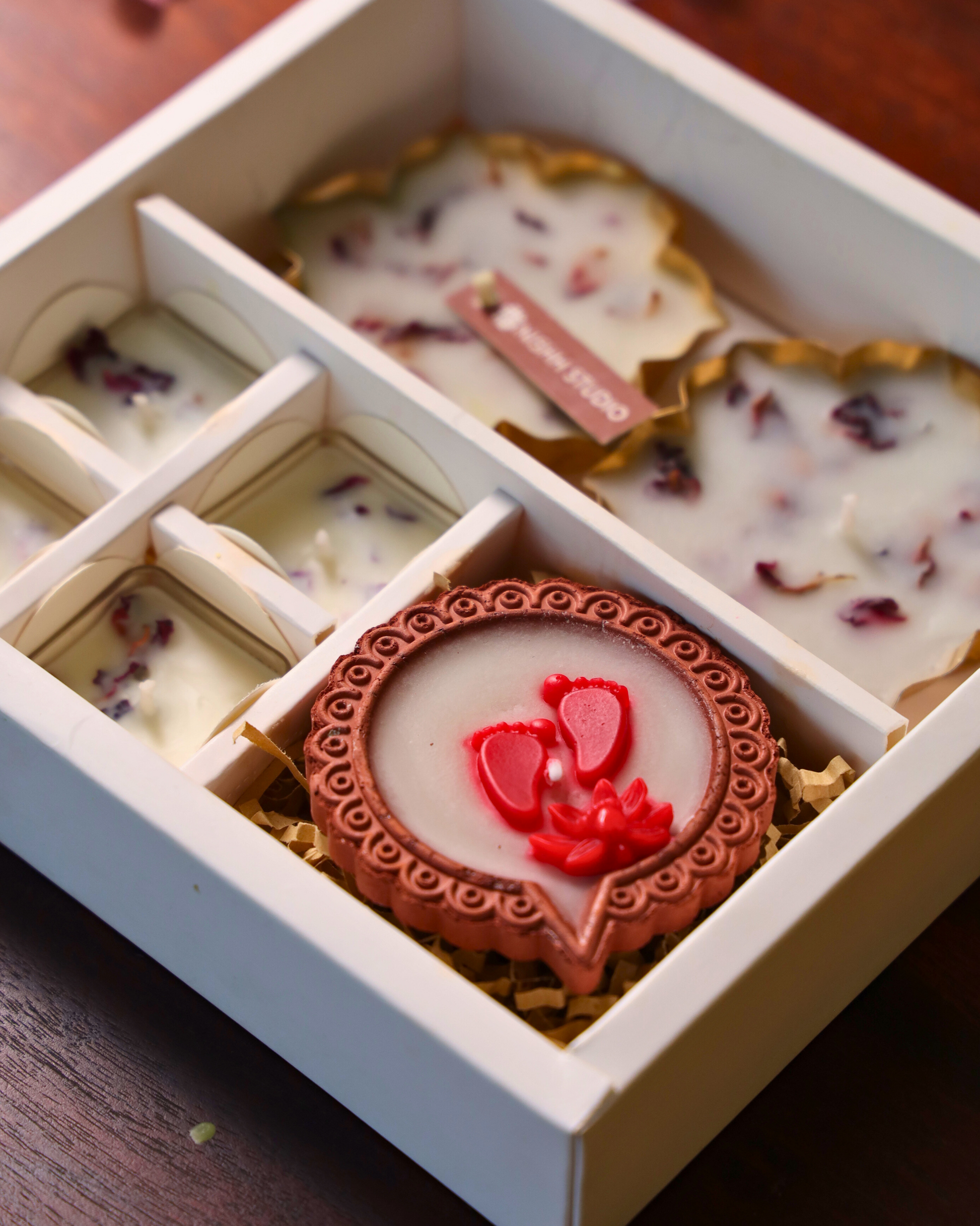 Handcrafted Laxmi Pada diya with dark rose fragrance – centerpiece of Gulpatra Gift Set.