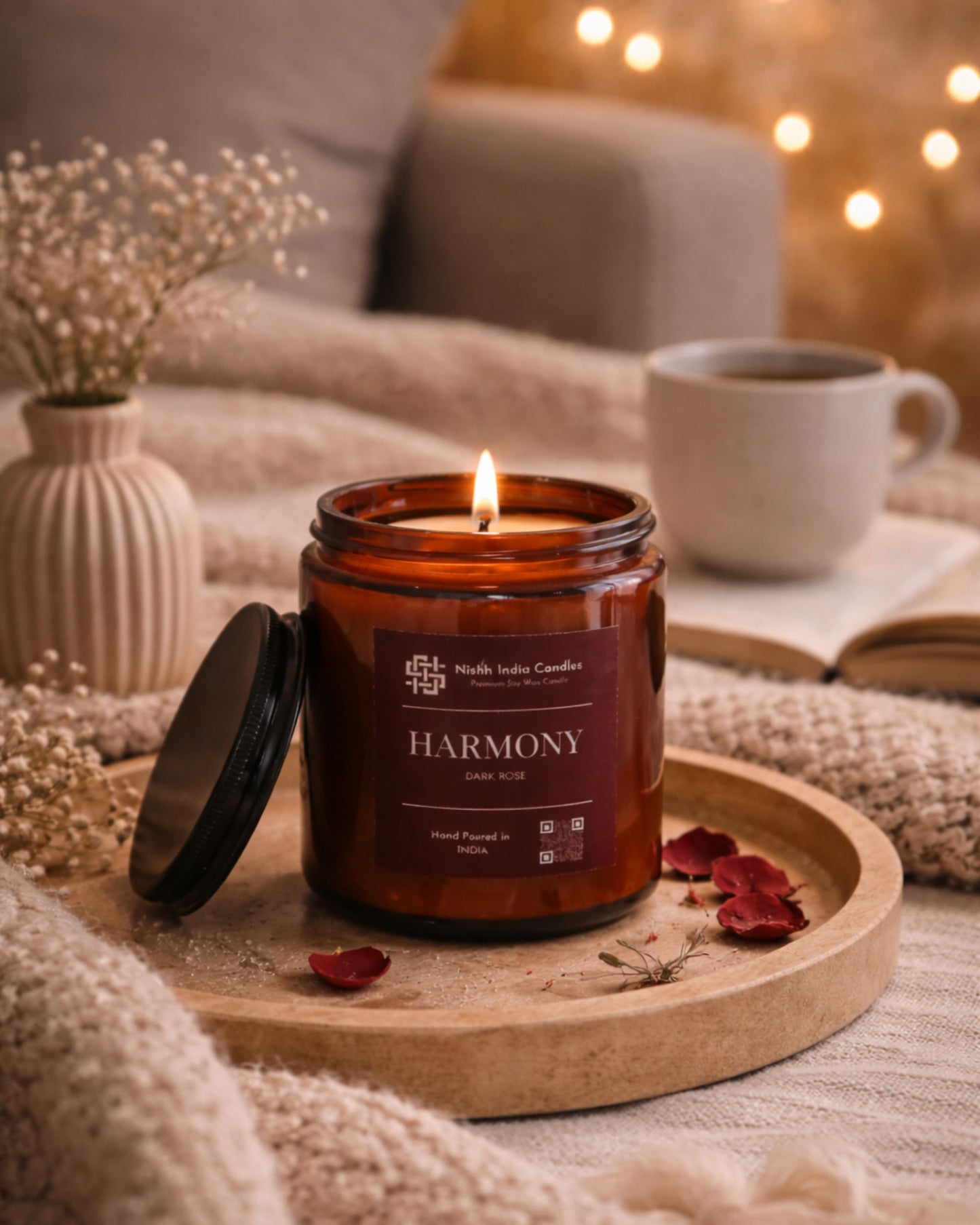 Minimal dark rose soy candle in amber glass jar with clean neutral background, modern luxury home decor fragrance.
