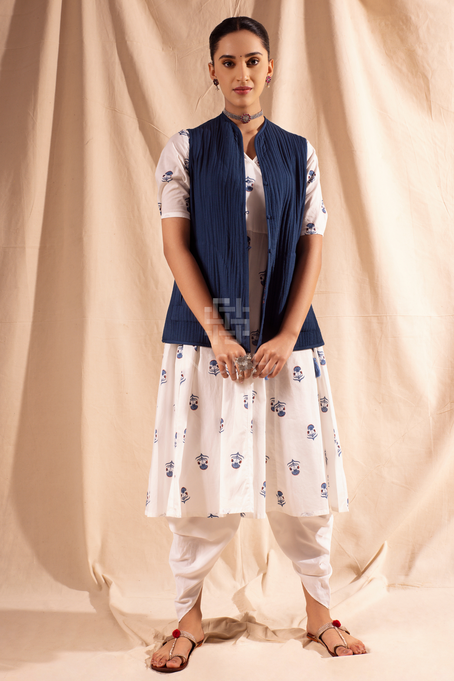 Women’s luxury reversible jacket in deep blue – styling full length view