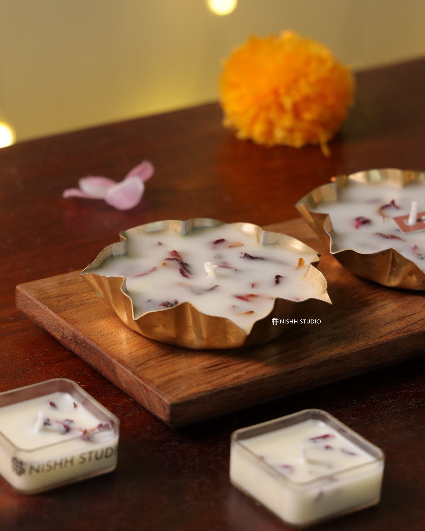 Eco-friendly soy wax lotus petal urli candle – symbolic festive and wedding décor.