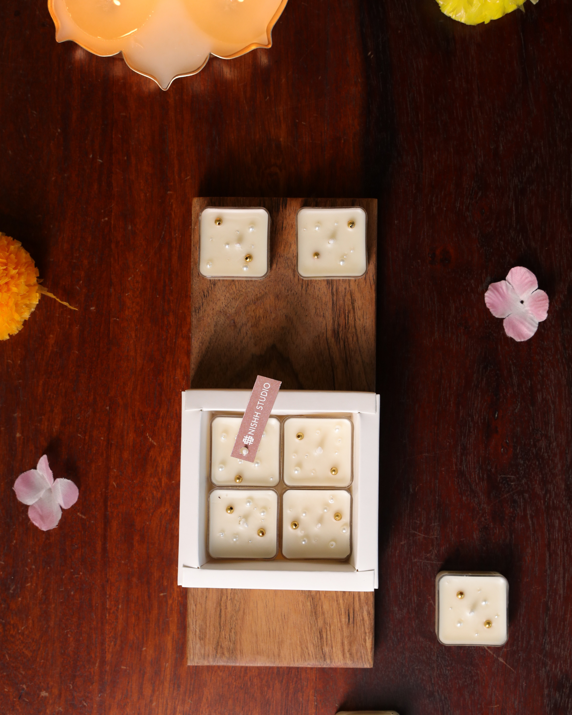 Premium festive gift box with Mukta tealight candles – perfect for Diwali hampers and wedding return gifts.