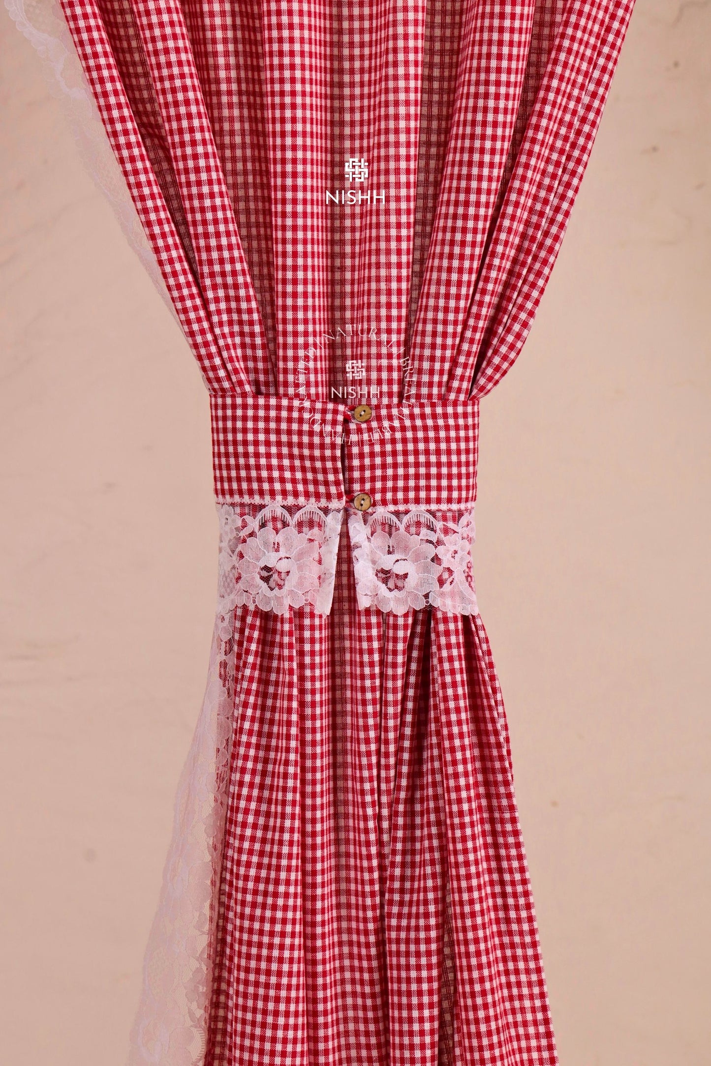 SCARLET | Gingham Cotton Curtain with Lace Border - Rod Pocket Window Curtain | Single Panel