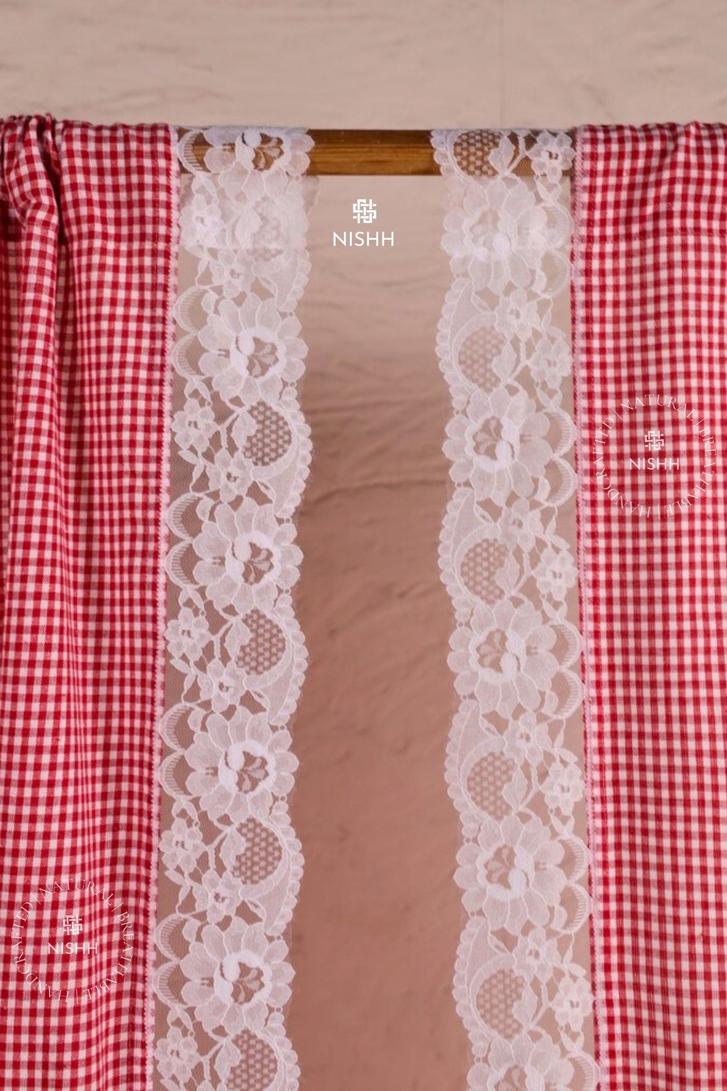 SCARLET | Gingham Cotton Curtain with Lace Border - Rod Pocket Window Curtain | Single Panel