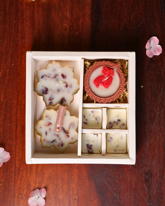 Gulpatra Diwali Gift Set with urli candles, tealights, and Laxmi Pada diya – luxury festive hamper.