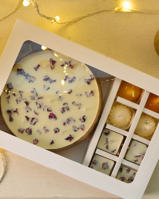 Gulpatra Luxe Gift Hamper with big 7-inch round urli, laddoo/modak candles, and tealights – premium festive hamper.