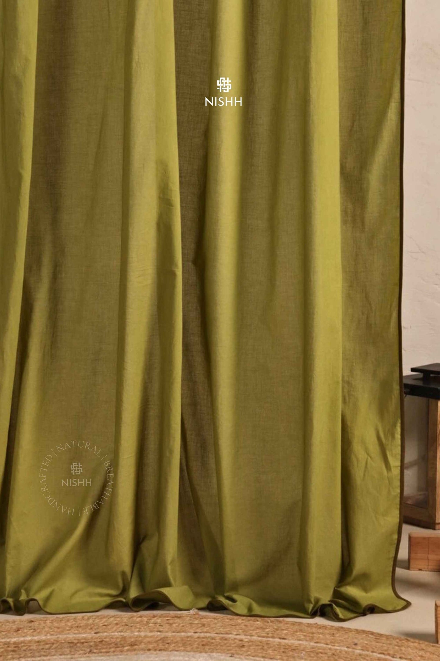 Full length view of Haven custom linen drapes styled as a curtain set