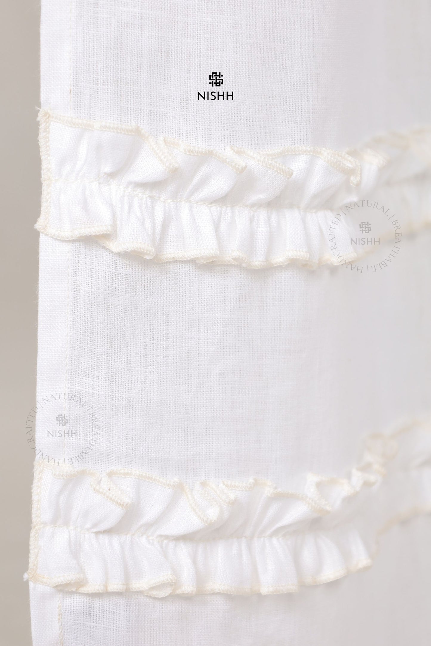 Close up of ruffle detailing on Horizon curtains, premium fabric ruffle curtains with refined finish