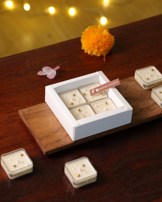 Mukta Tealight Candles – handcrafted soy wax tealights with pearl accents for festive décor.
