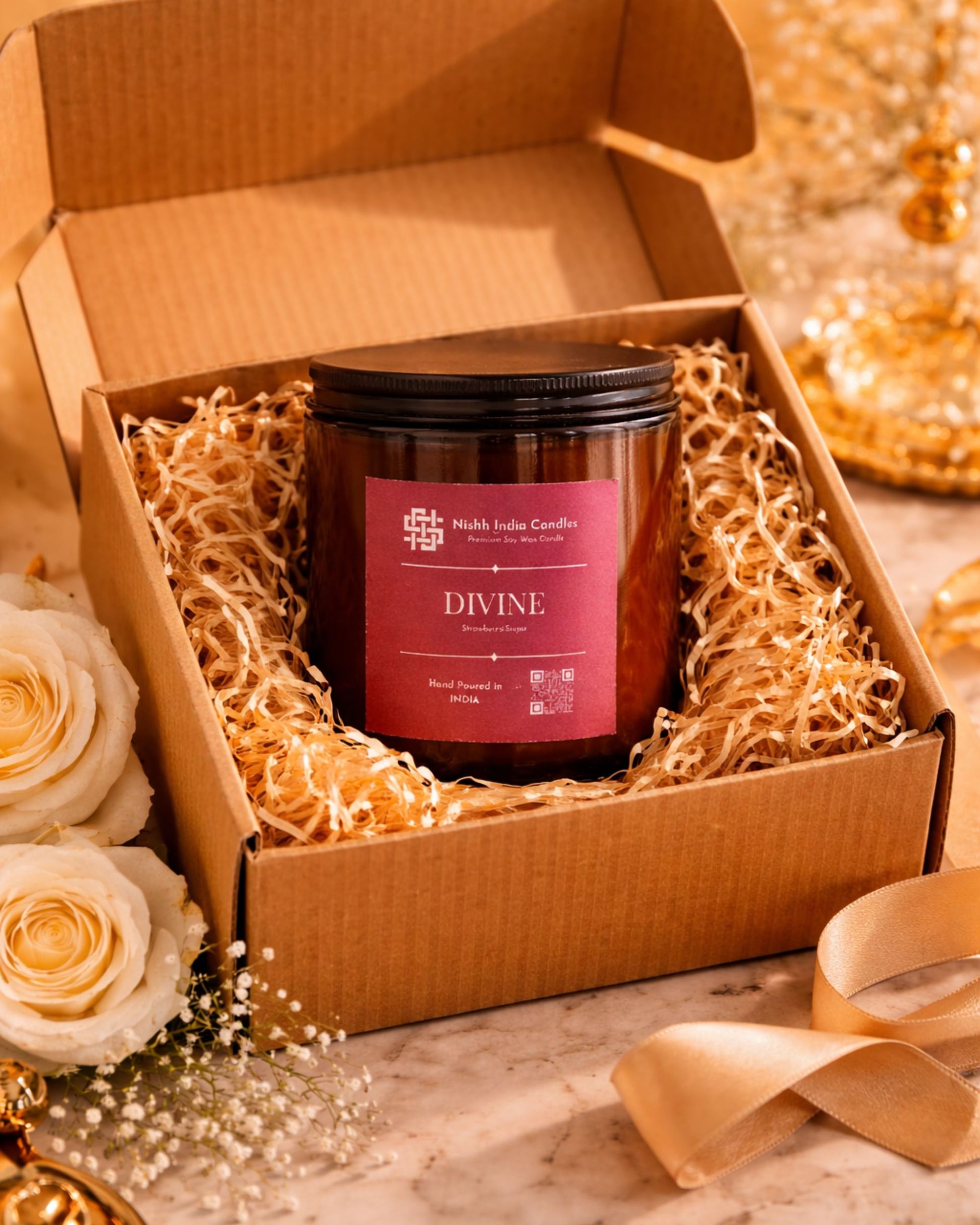 Nishh Divine Strawberry Sugar amber jar soy wax candle packed in brown corrugated gift box with kraft filler for eco-friendly gifting.