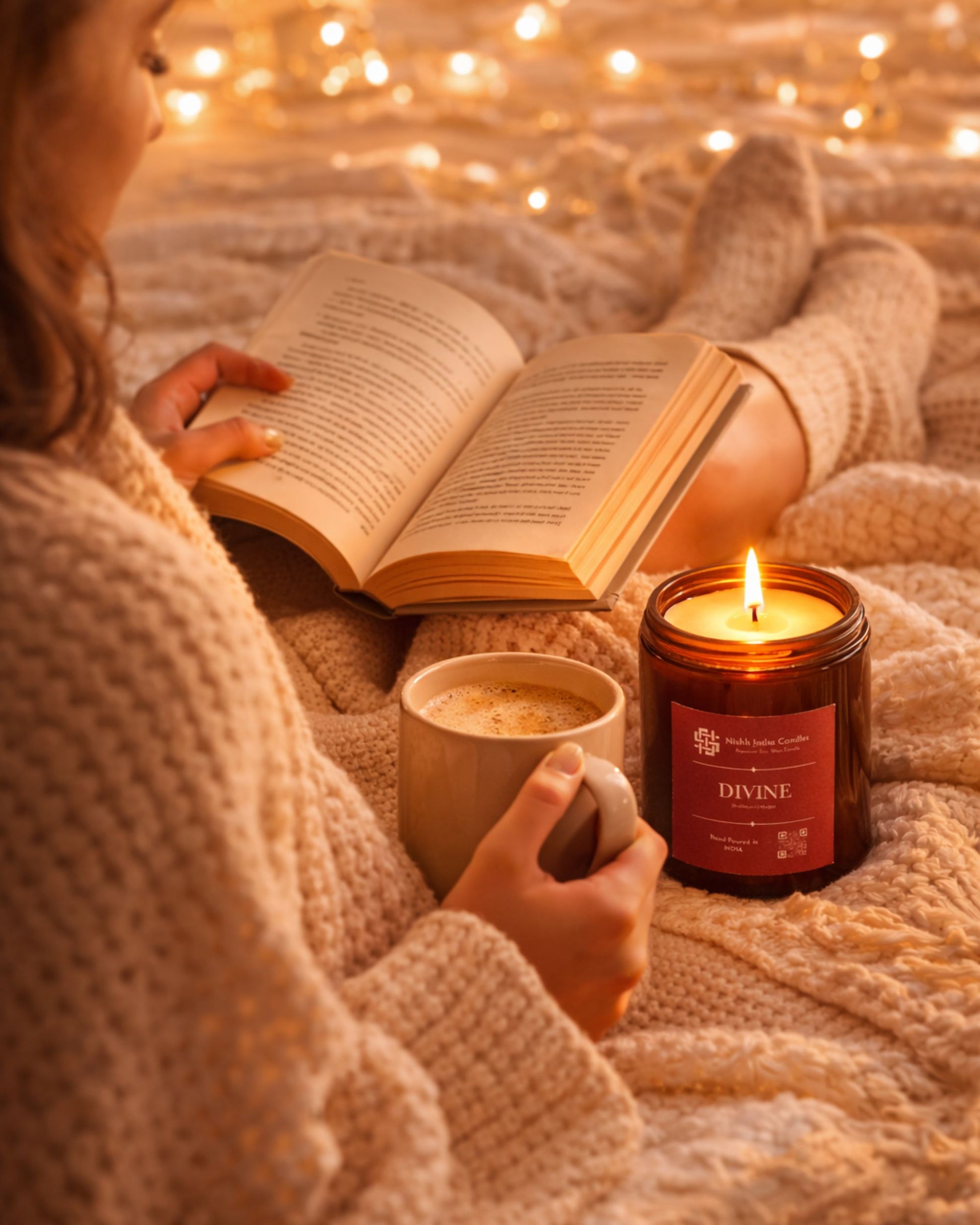 Amber jar soy wax candle by Nishh India lit during cozy night routine with book, coffee and warm fairy lights ambience.