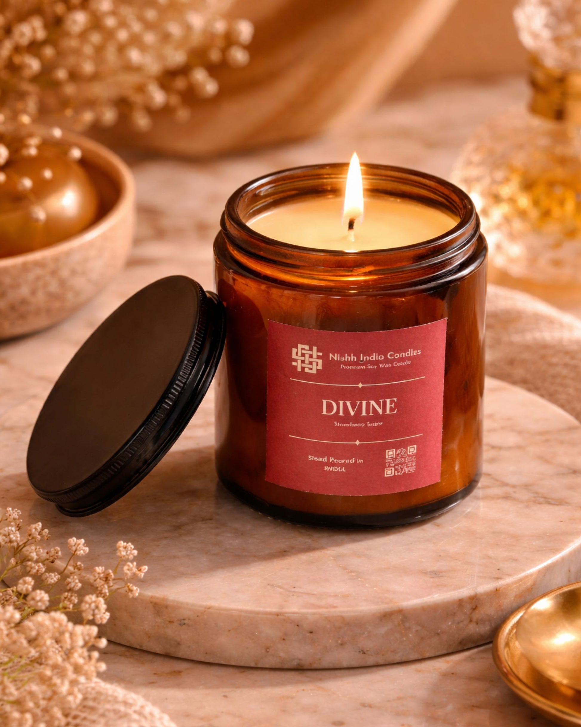 Nishh Divine Strawberry Sugar soy wax candle in amber jar with lid, styled on marble tray in warm luxury home decor setting.