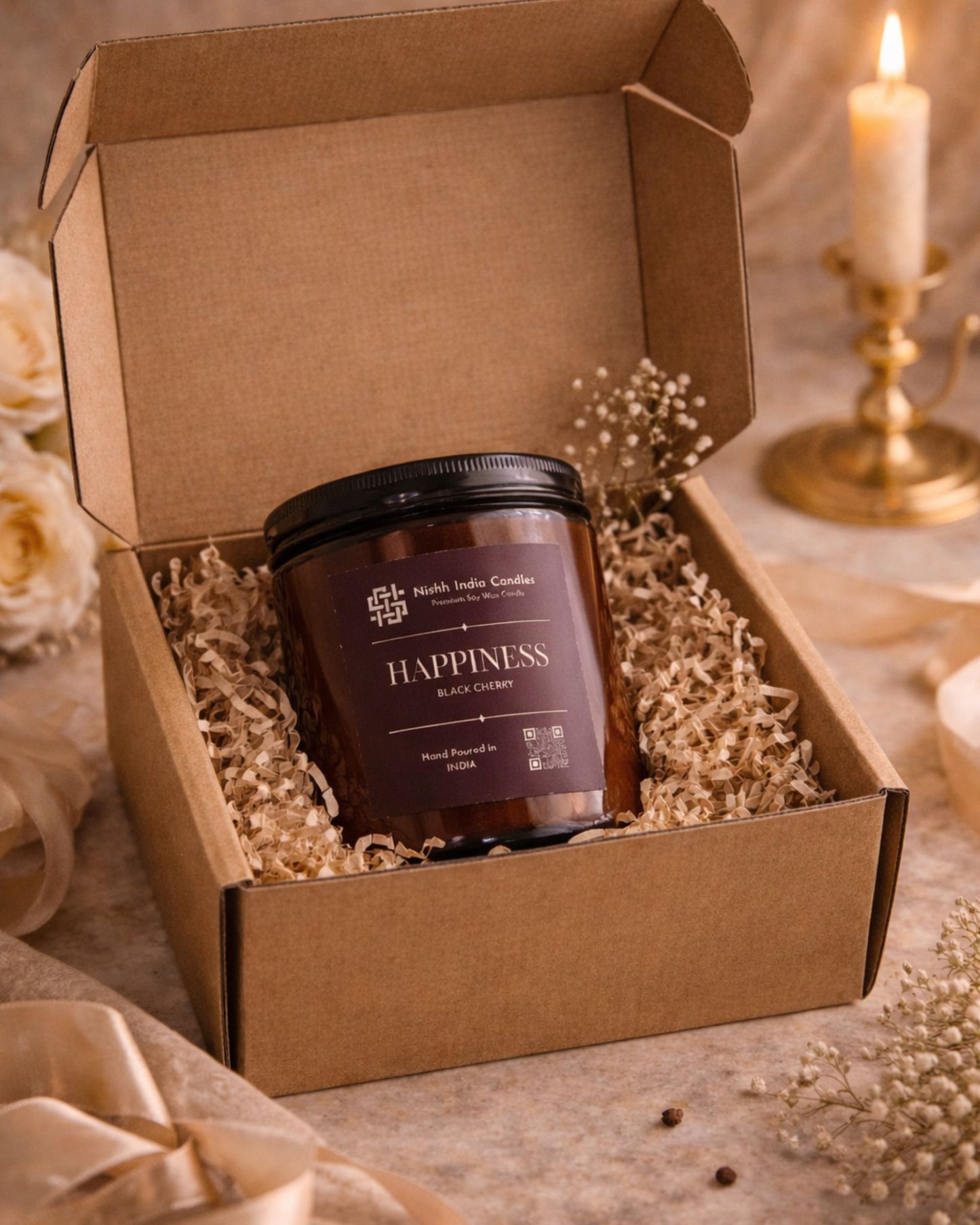 Luxury Black Cherry scented soy candle by Nishh India in amber glass jar, beautifully packed in brown corrugated gift box with flap, premium handmade candle for gifting and home decor.