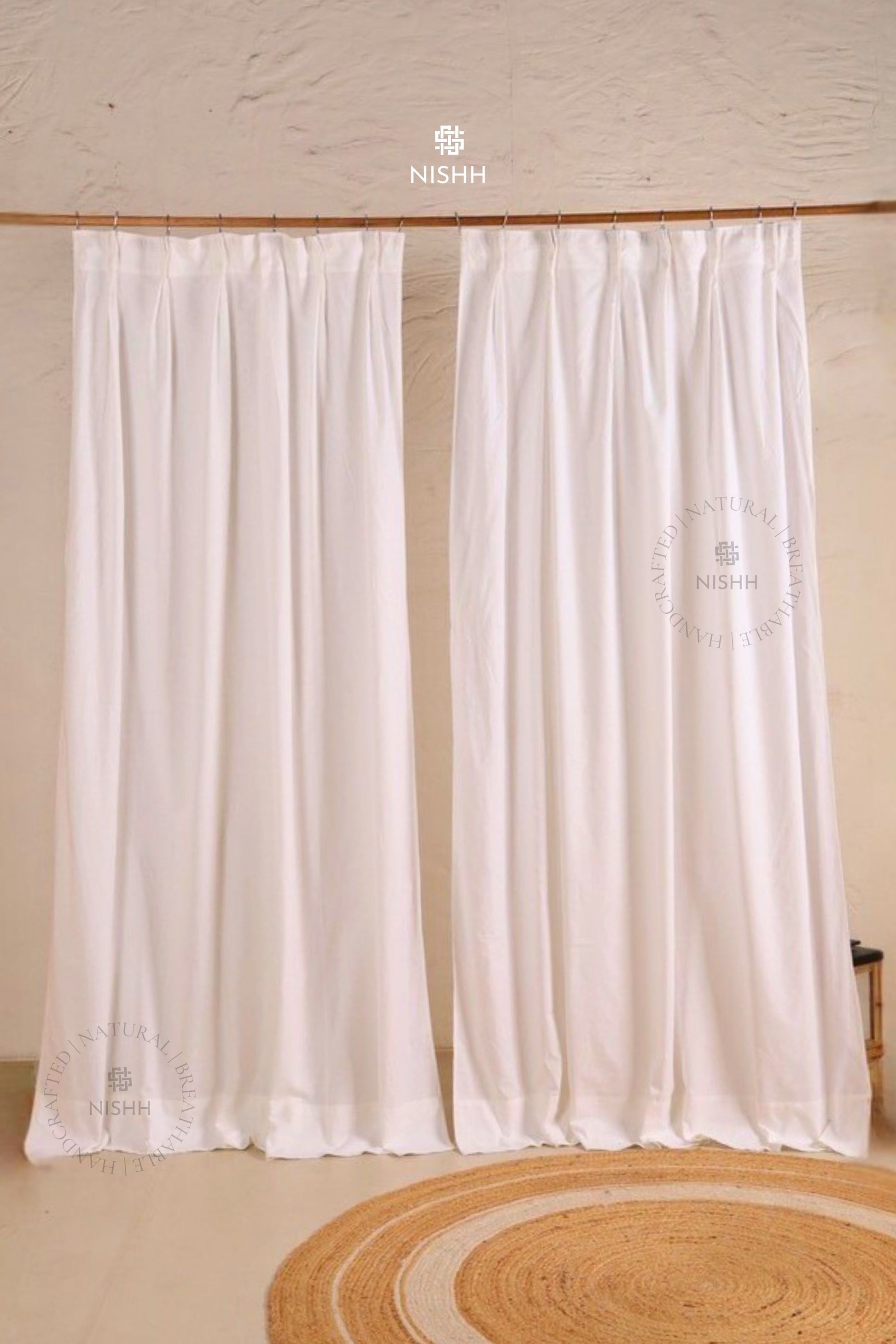 Harmony linen curtains with double pinch pleats in sheer white linen by NISHH