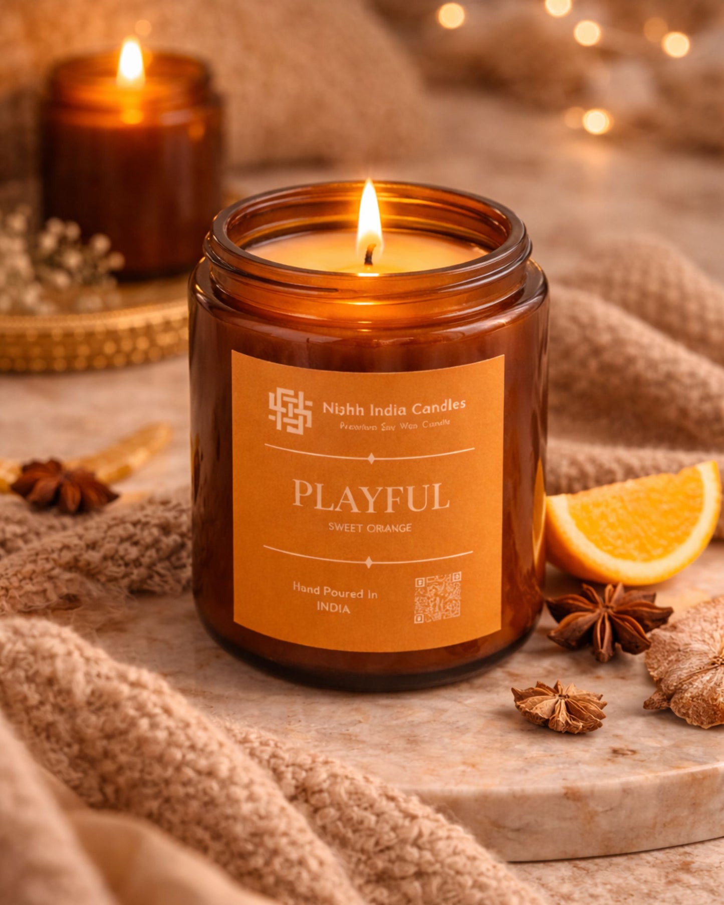 Nishh India Sweet Orange luxury soy wax candle placed on table in cozy cafe style setting with warm lighting and soft aesthetic mood