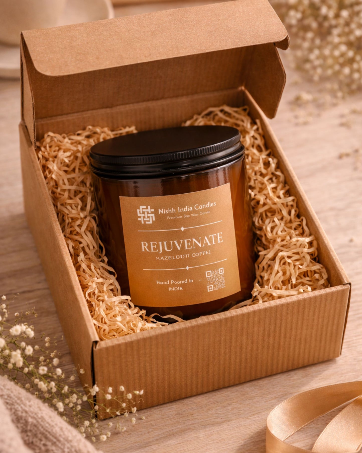 Nishh India Rejuvenate Hazelnut Coffee premium soy wax candle in brown corrugated gift box with closing flap, eco-friendly luxury candle packaging for gifting