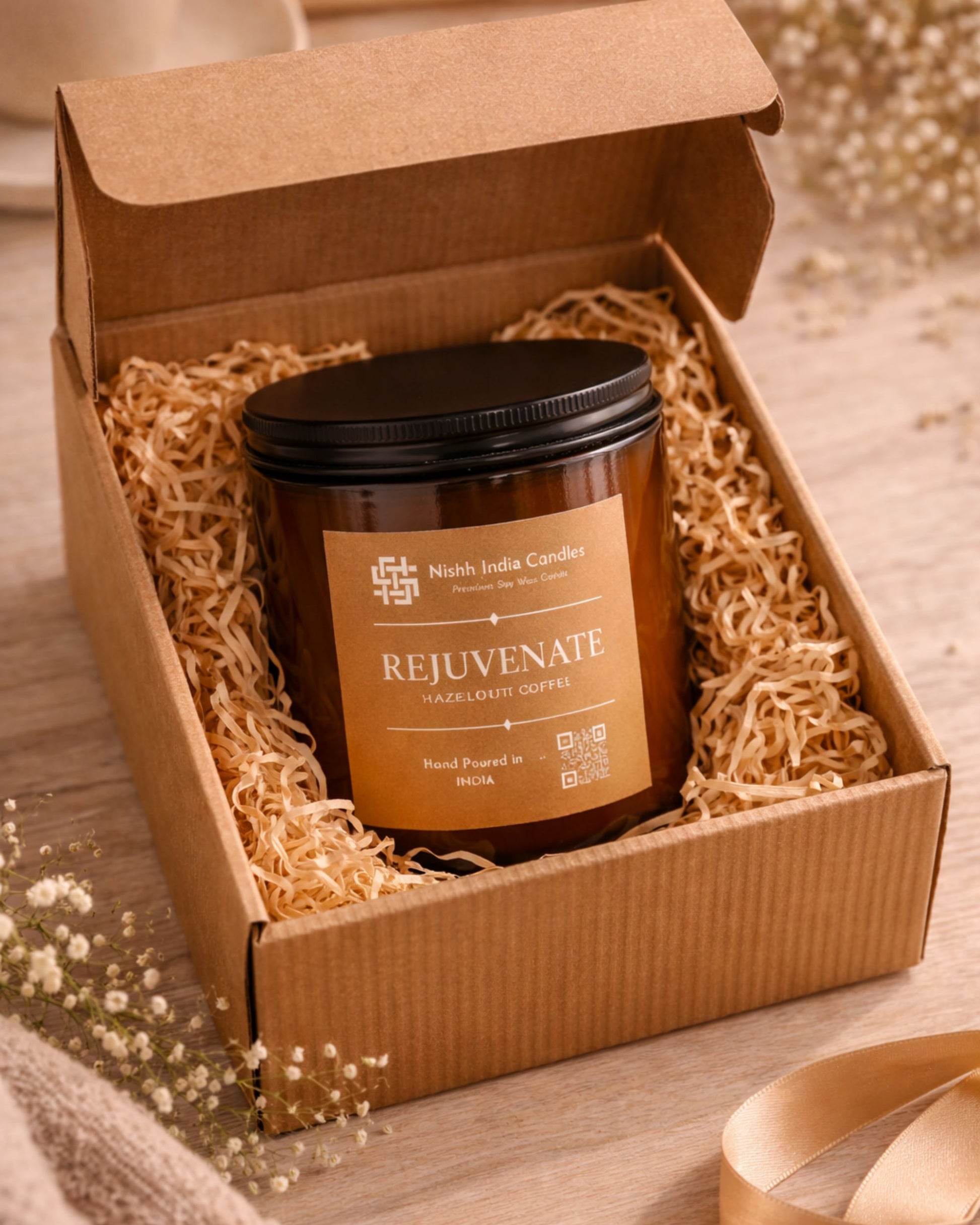 Nishh India Rejuvenate Hazelnut Coffee premium soy wax candle in brown corrugated gift box with closing flap, eco-friendly luxury candle packaging for gifting