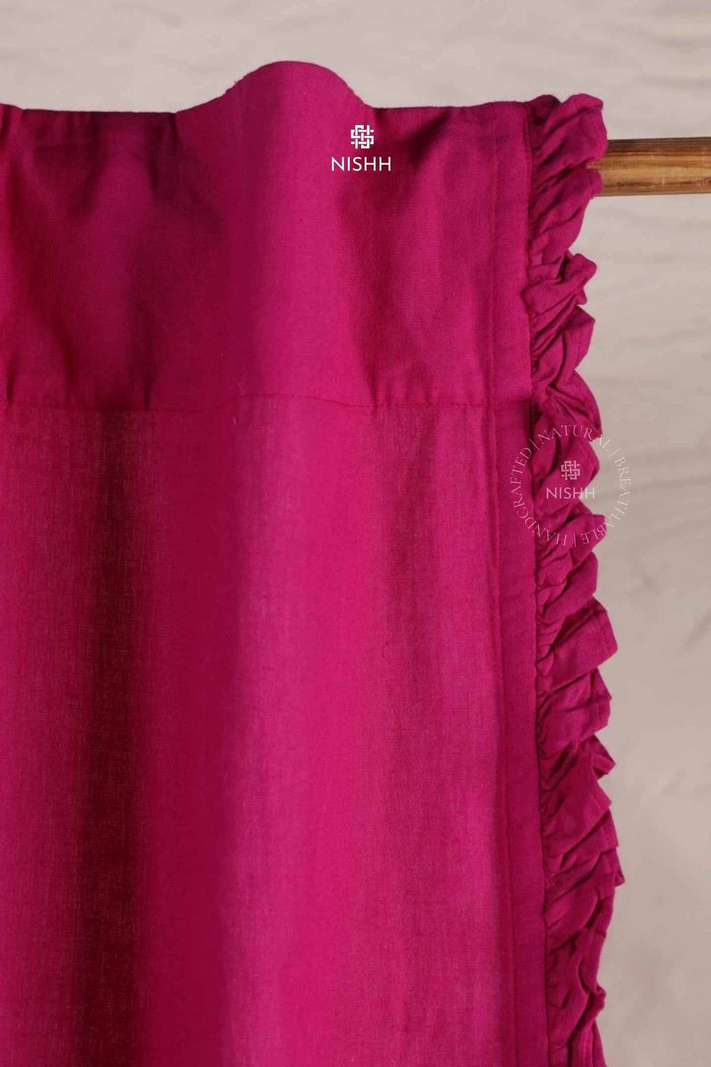 Full length view of Plume custom size linen curtains with frill detailing