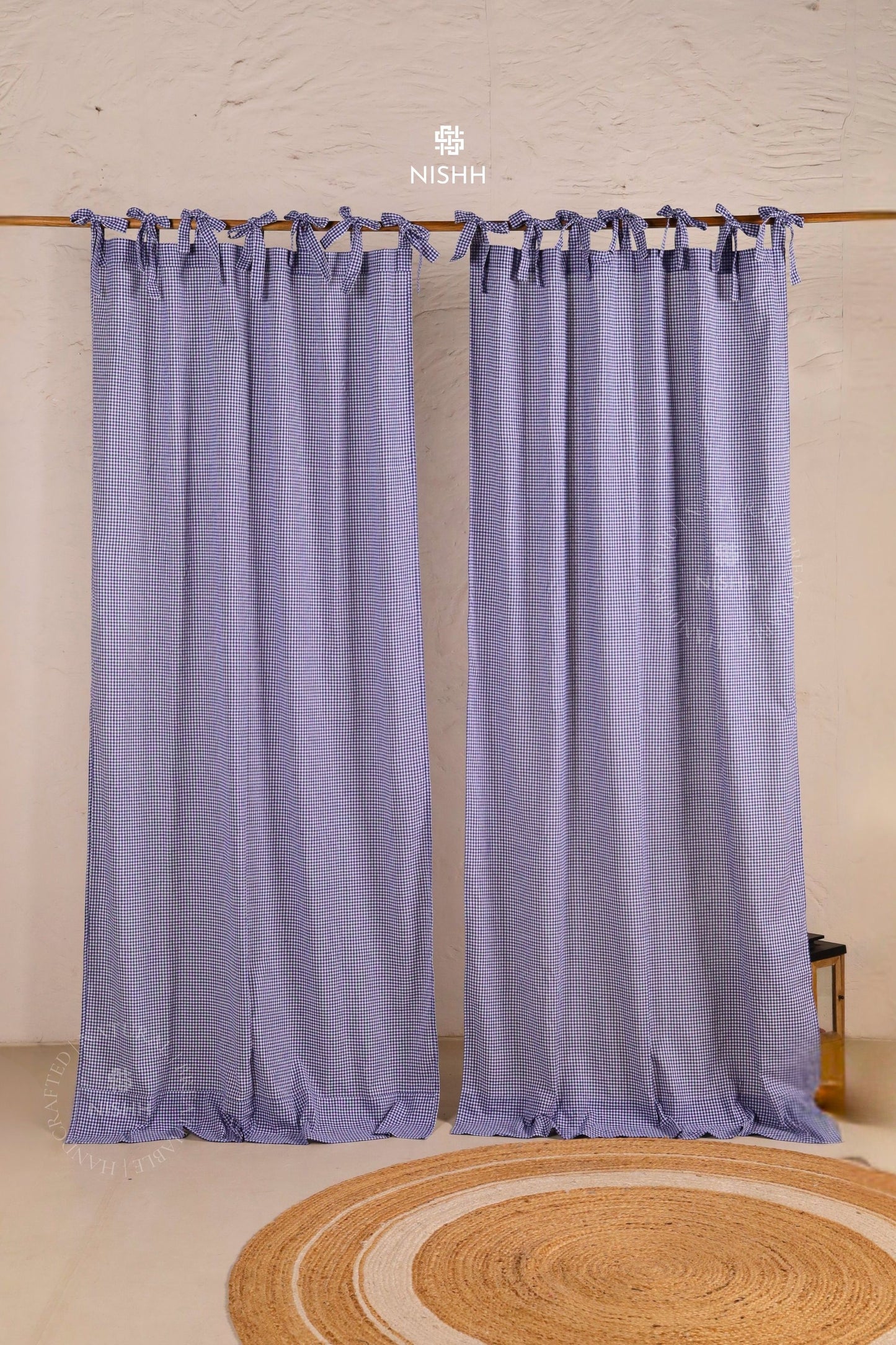 Blue gingham cotton curtains with tie-top hanging and soft drape by NISHH