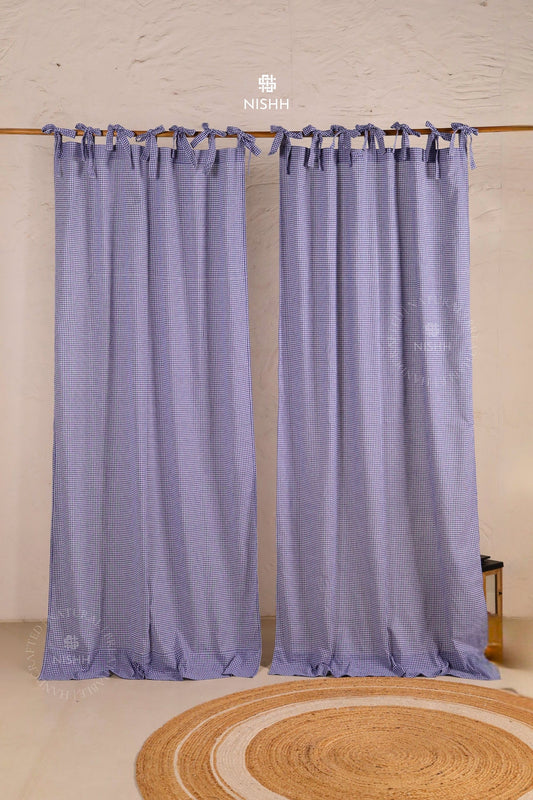 Blue gingham cotton curtains with tie-top hanging and soft drape by NISHH