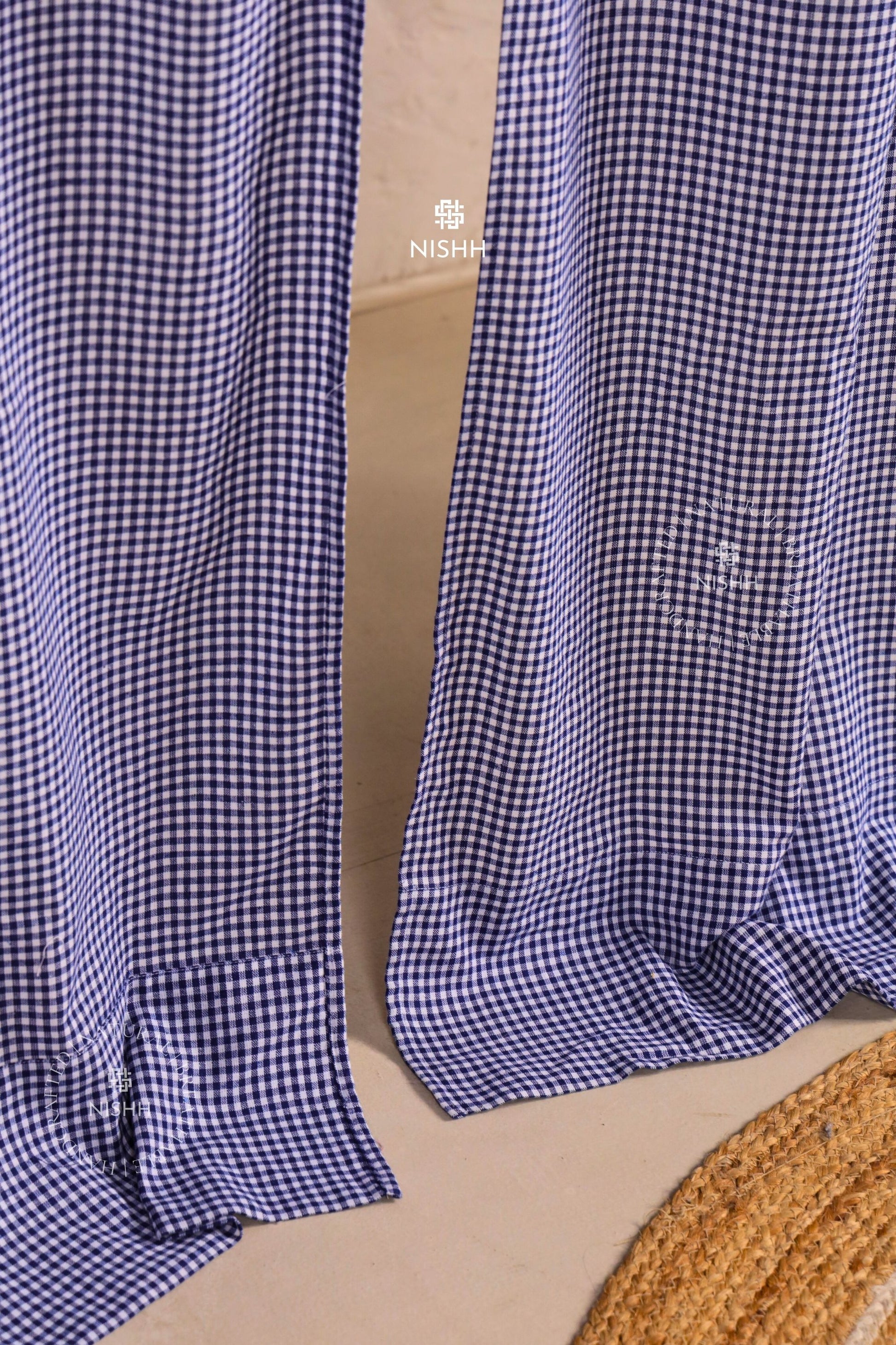Customisable blue gingham cotton curtains with tie-top header by NISHH