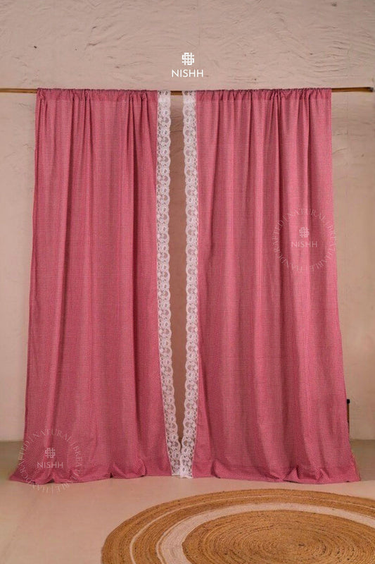 SCARLET | Gingham Cotton Curtain with Lace Border - Rod Pocket Window Curtain | Single Panel