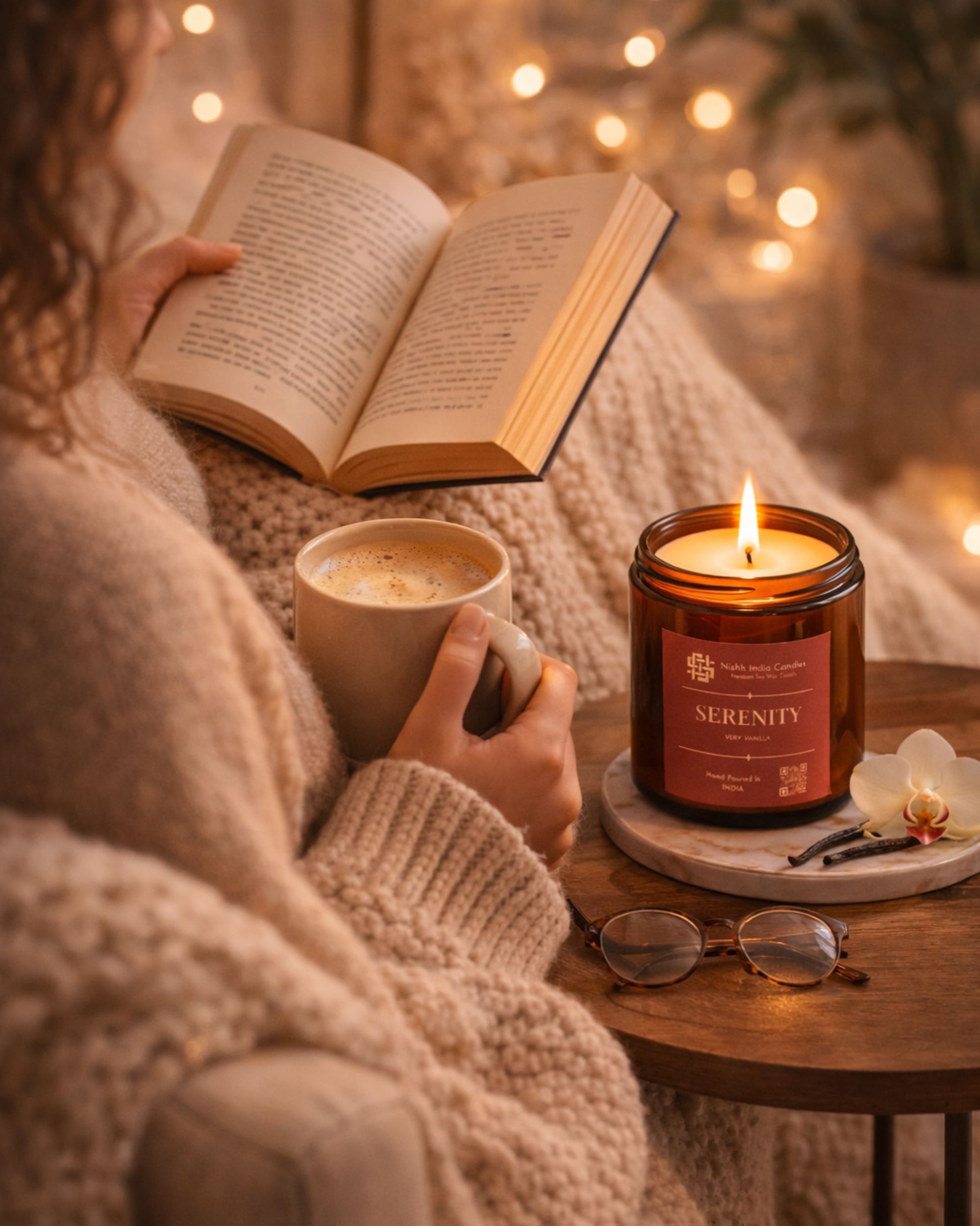 Woman enjoying cozy self care evening reading book with coffee and Serenity Very Vanilla scented soy candle glowing beside her.