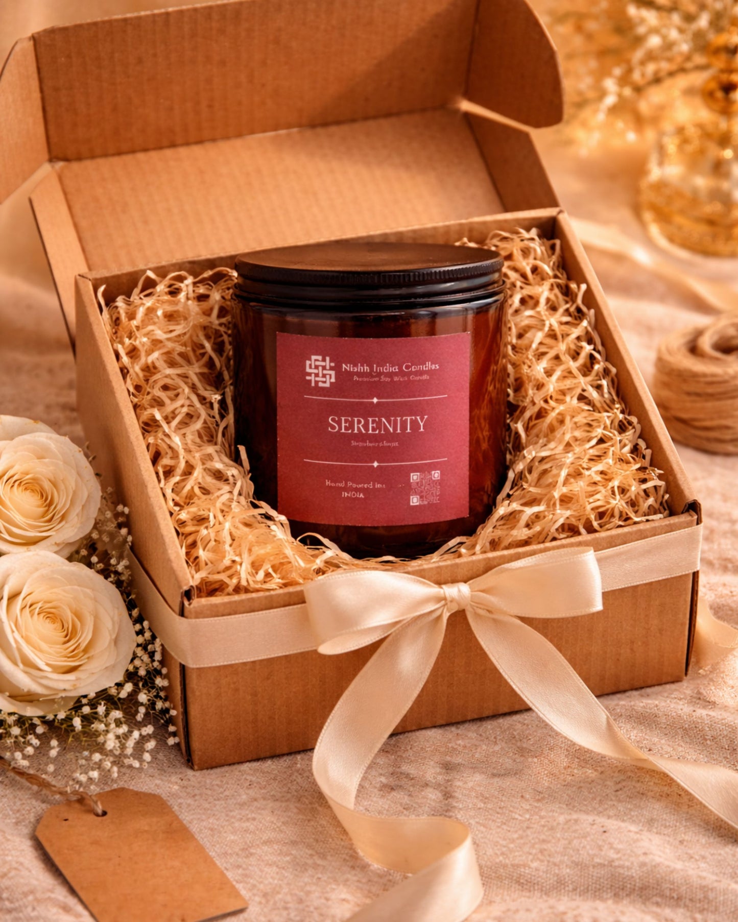 Serenity Very Vanilla luxury soy candle in amber jar presented in brown corrugated gift box with natural filler and elegant ribbon.