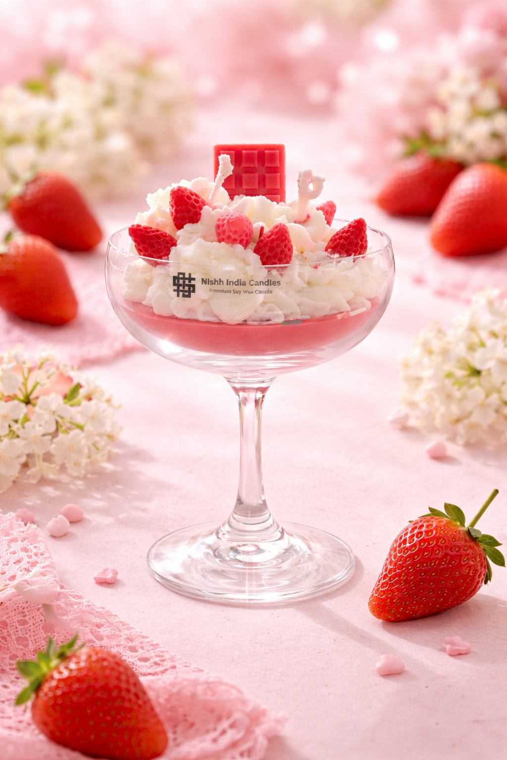Strawberry dessert inspired soy wax candle in a coupe glass topped with whipped wax cream, mini strawberries and chocolate detail by Nishh India Candles on a soft pink strawberry-themed background