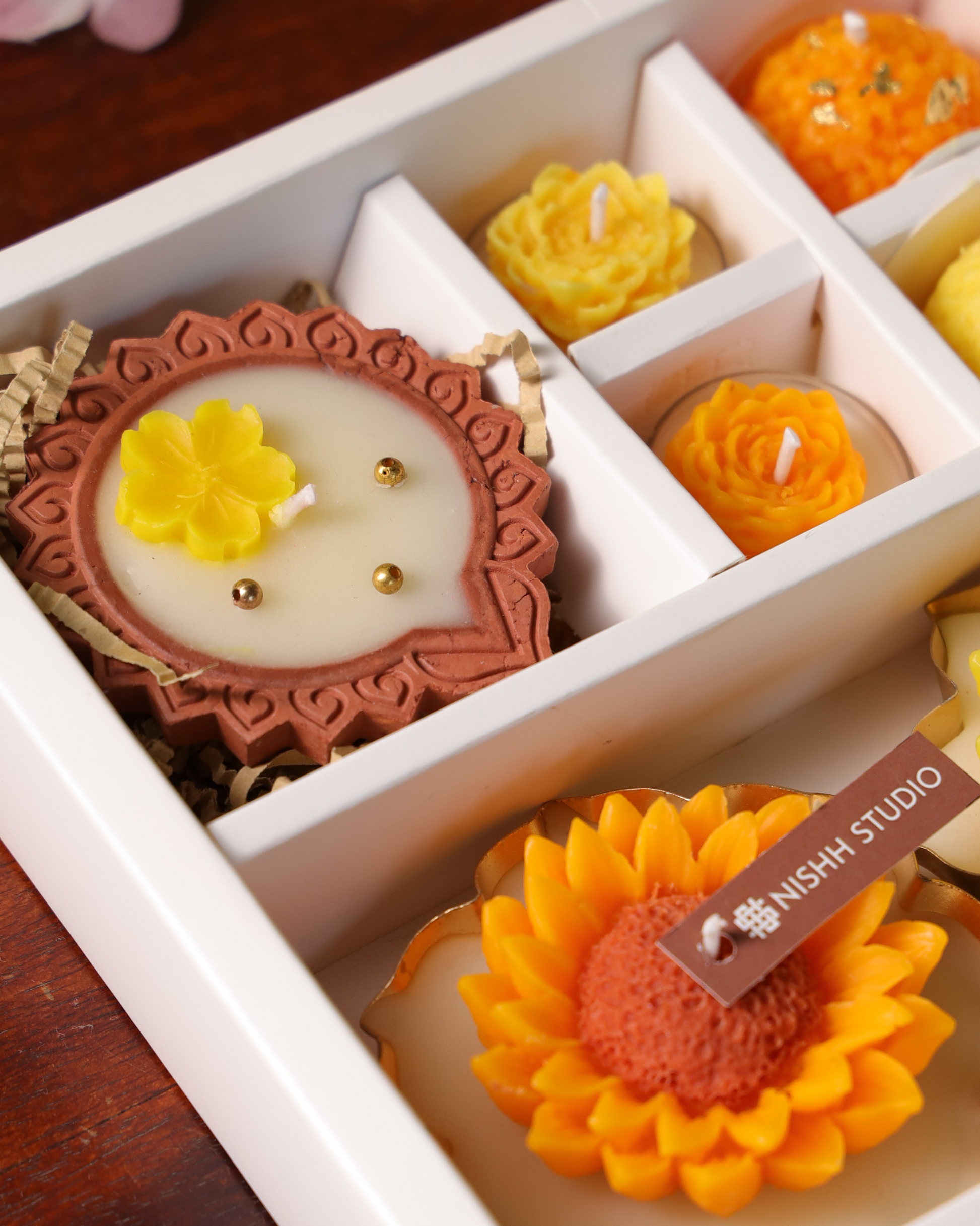 Pair of 3.5 inch sunflower urli candles – handcrafted festive décor from Arka Gift Set.