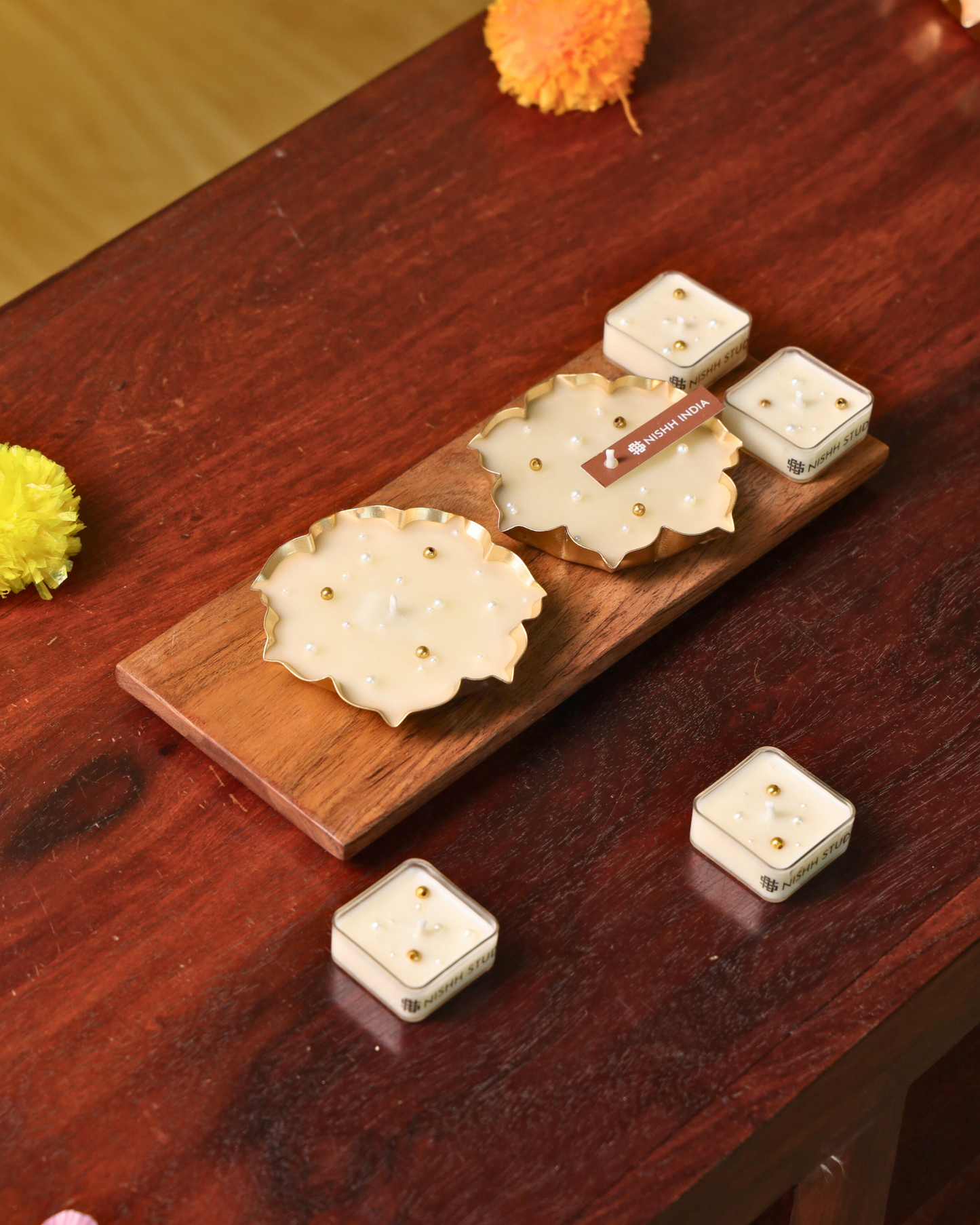 Four soy wax tealight candles for Diwali home décor – included in Mukta Hamper.