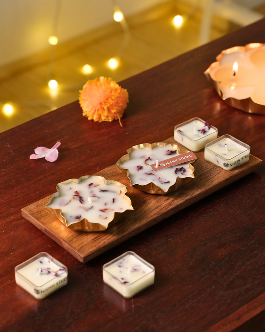 Pair of 3.5 inch urli candles with elegant detailing – included in Gulpatra Gift Set