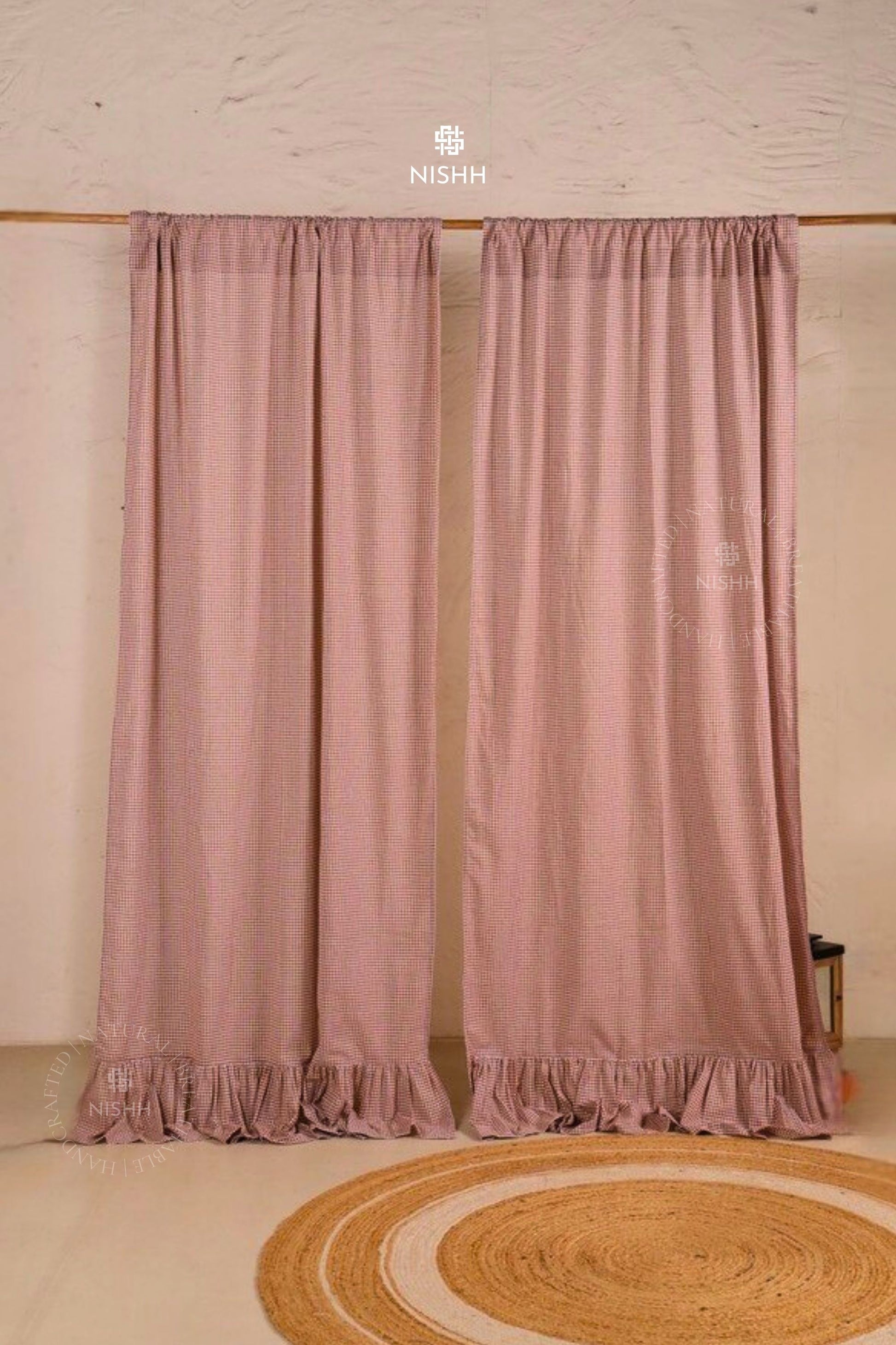 Willow gingham cotton curtain in soft brown handcrafted by NISHH