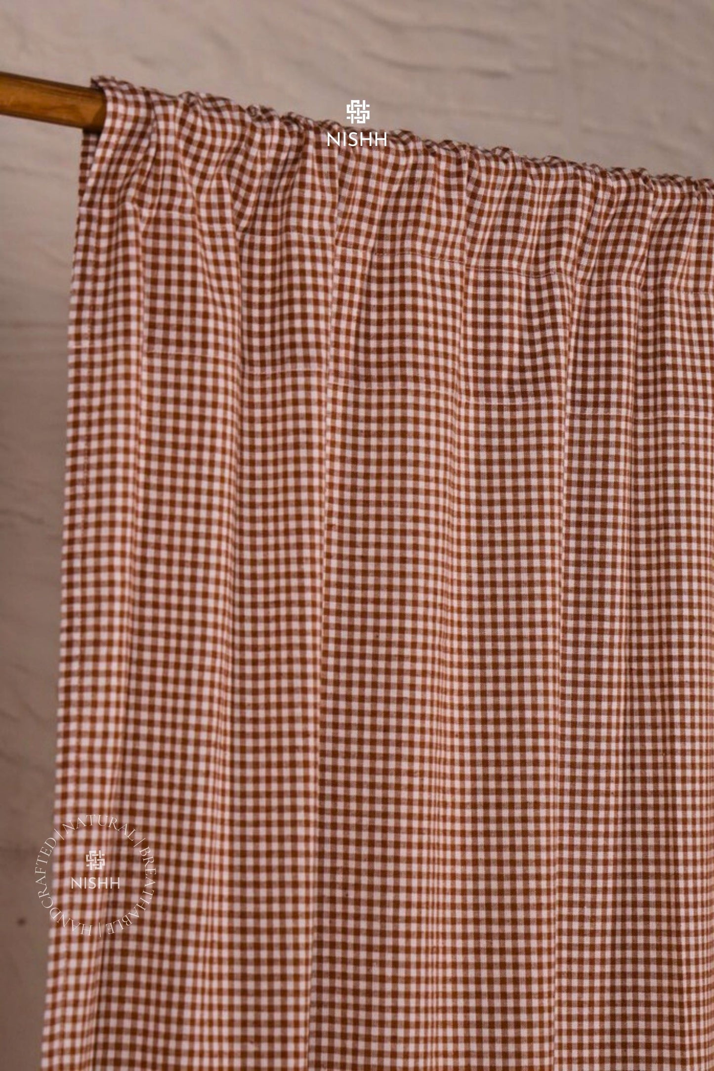 Rod pocket hanging detail of Willow gingham cotton curtain